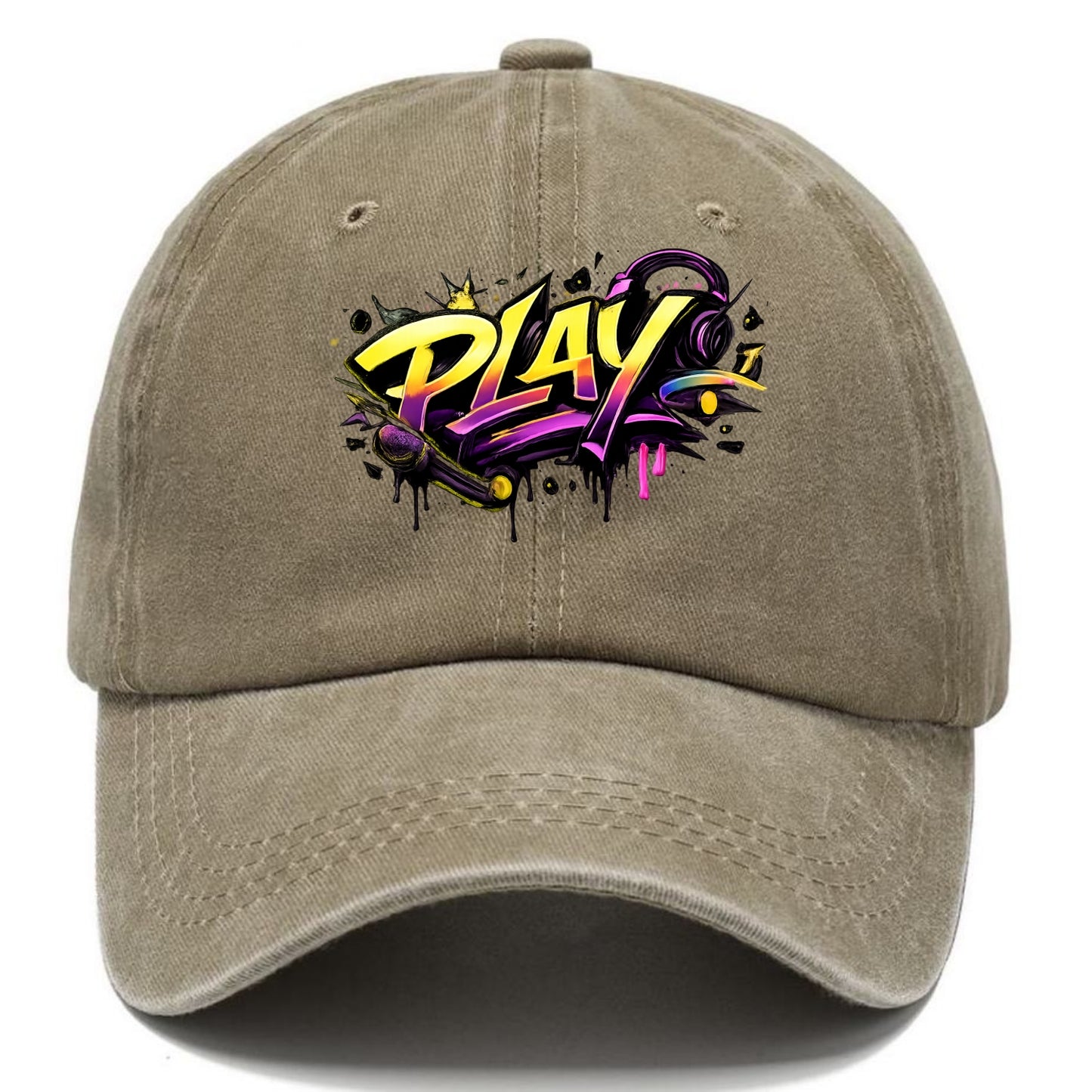 Bold typography design - "PLAY" - creative expression, musical performance - Classic Cap - Warm Sand(Khaki)