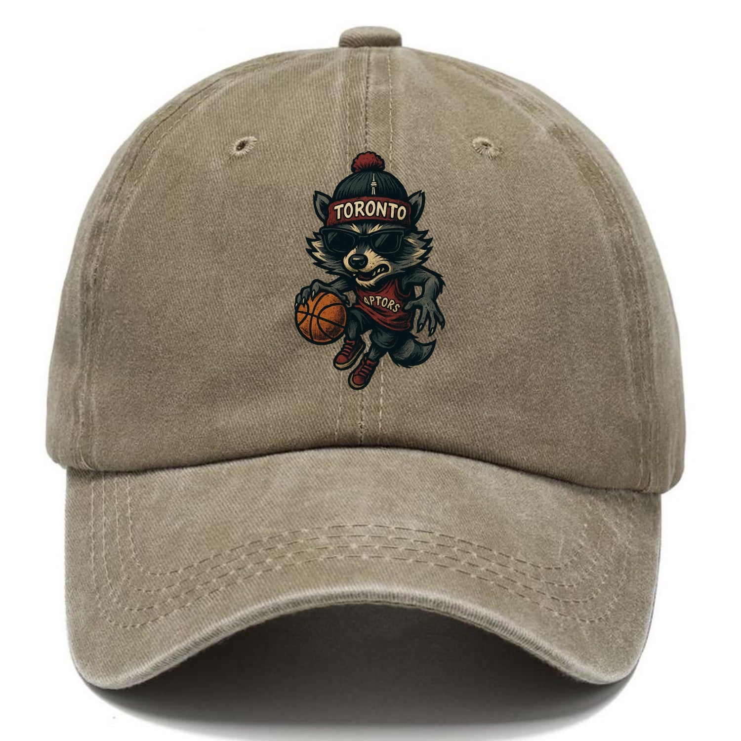 Toronto Raccoon wearing Raptors beanie with CN Tower patch and wayfarer sunglasses - Classic Cap - Warm Sand(Khaki)