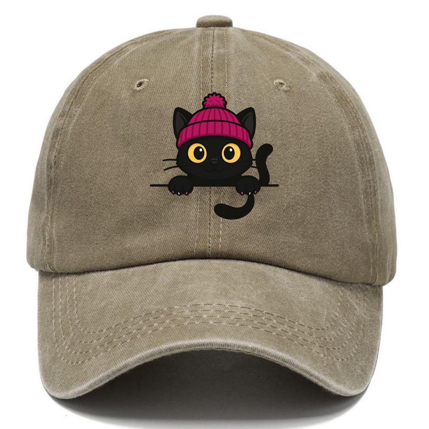 Midnight the black cat holding a tiny book labeled secrets against the ledge. - Classic Cap - Warm Sand(Khaki)