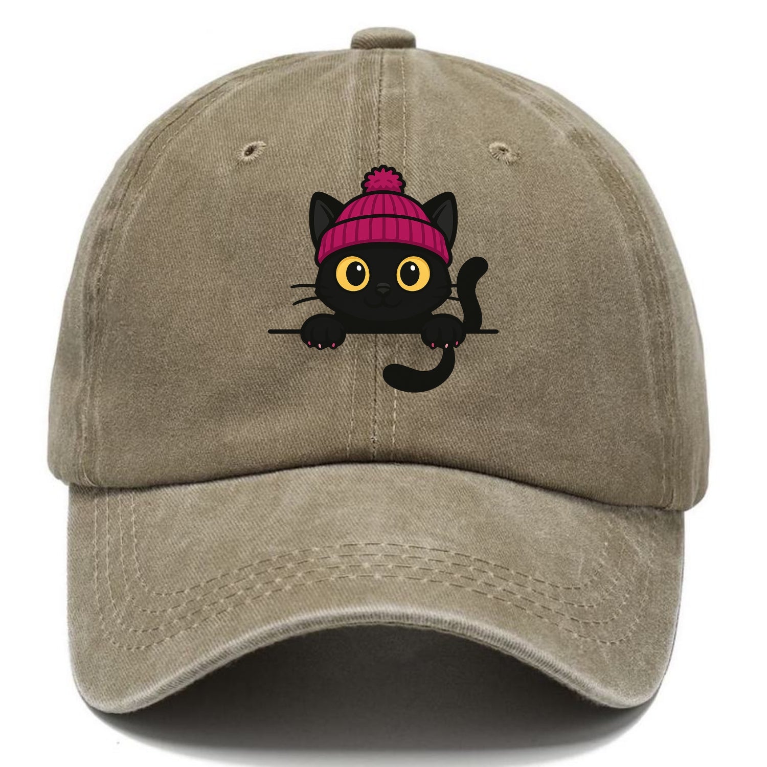 Midnight the black cat holding a tiny book labeled secrets against the ledge. - Classic Cap - Warm Sand(Khaki)