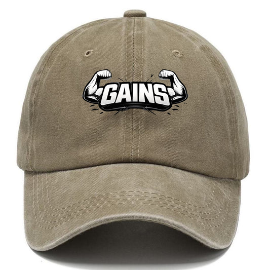 Bold typography design - "GAINS" - muscle growth, progress visible - Classic Cap - Warm Sand(Khaki)