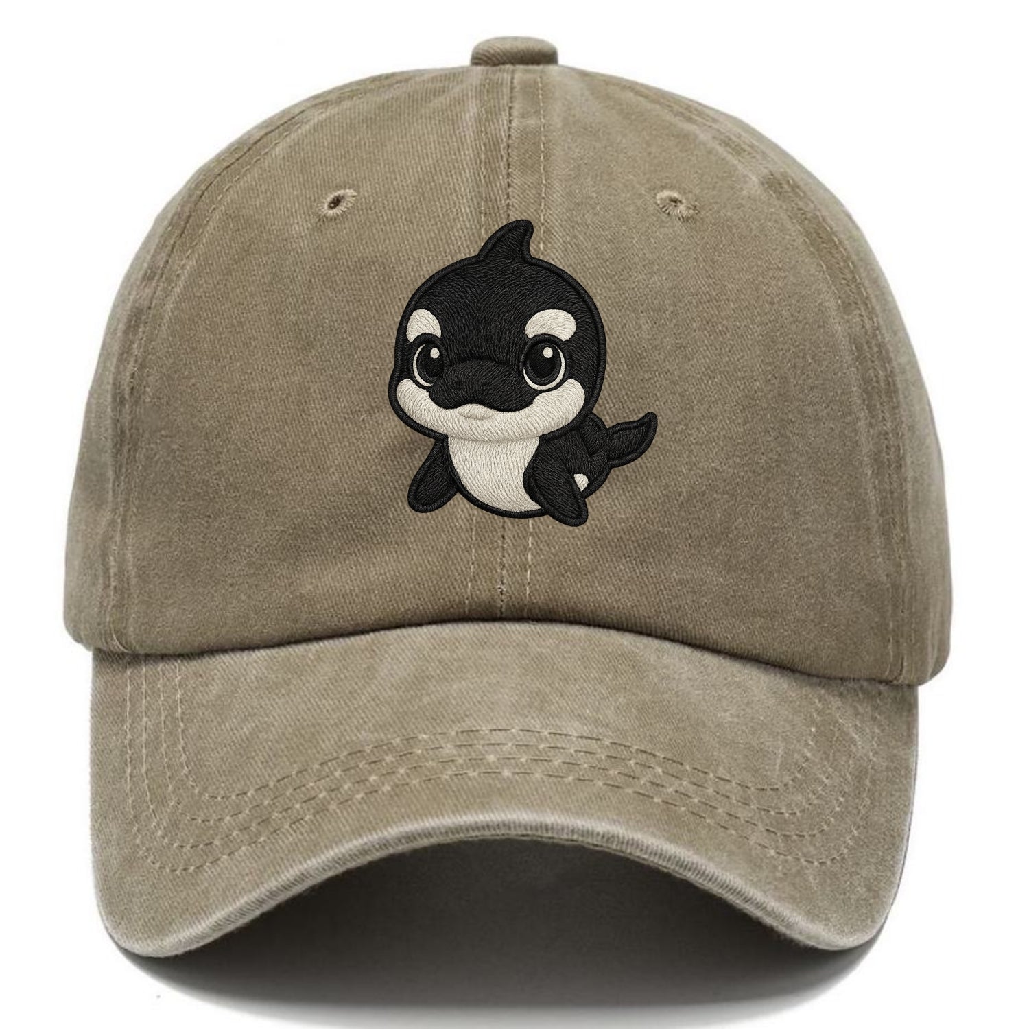Baby Orca - black and white pattern, white eye patch, front-facing, curious and - Classic Cap - Warm Sand(Khaki)