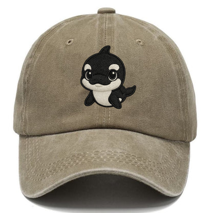 Baby Orca - black and white pattern, white eye patch, front-facing, curious and - Classic Cap - Warm Sand(Khaki)