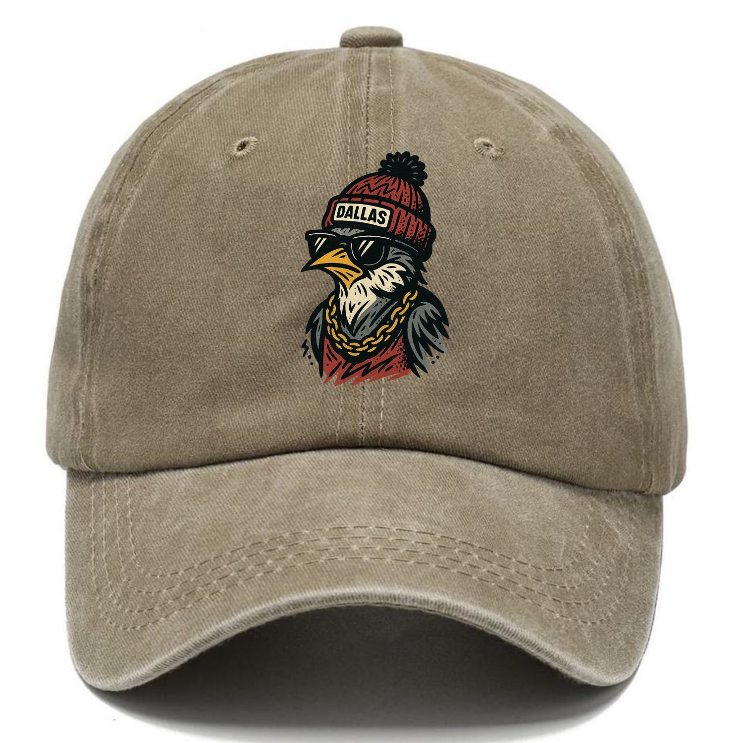 Dallas Mockingbird wearing Dallas beanie with pom pom and wayfarer sunglasses - Classic Cap - Warm Sand(Khaki)