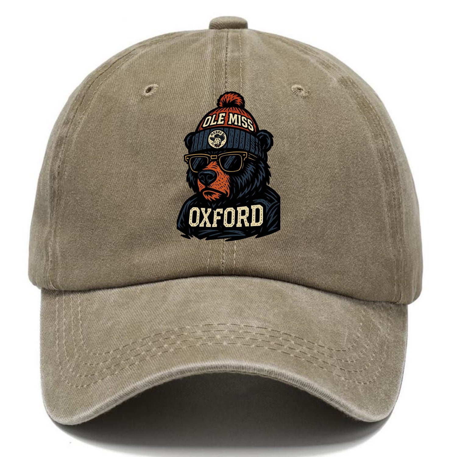 Oxford Black Bear wearing Ole Miss beanie with rebel patch - Classic Cap - Warm Sand(Khaki)
