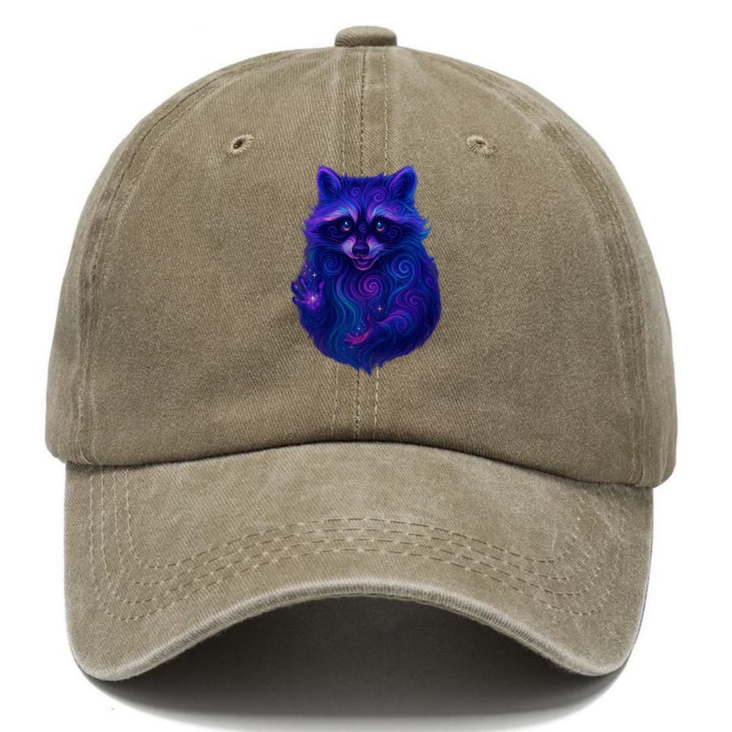 Playful raccoon with mask swirling in hypnotic patterns, neon purple and green fur - Classic Cap - Warm Sand(Khaki)