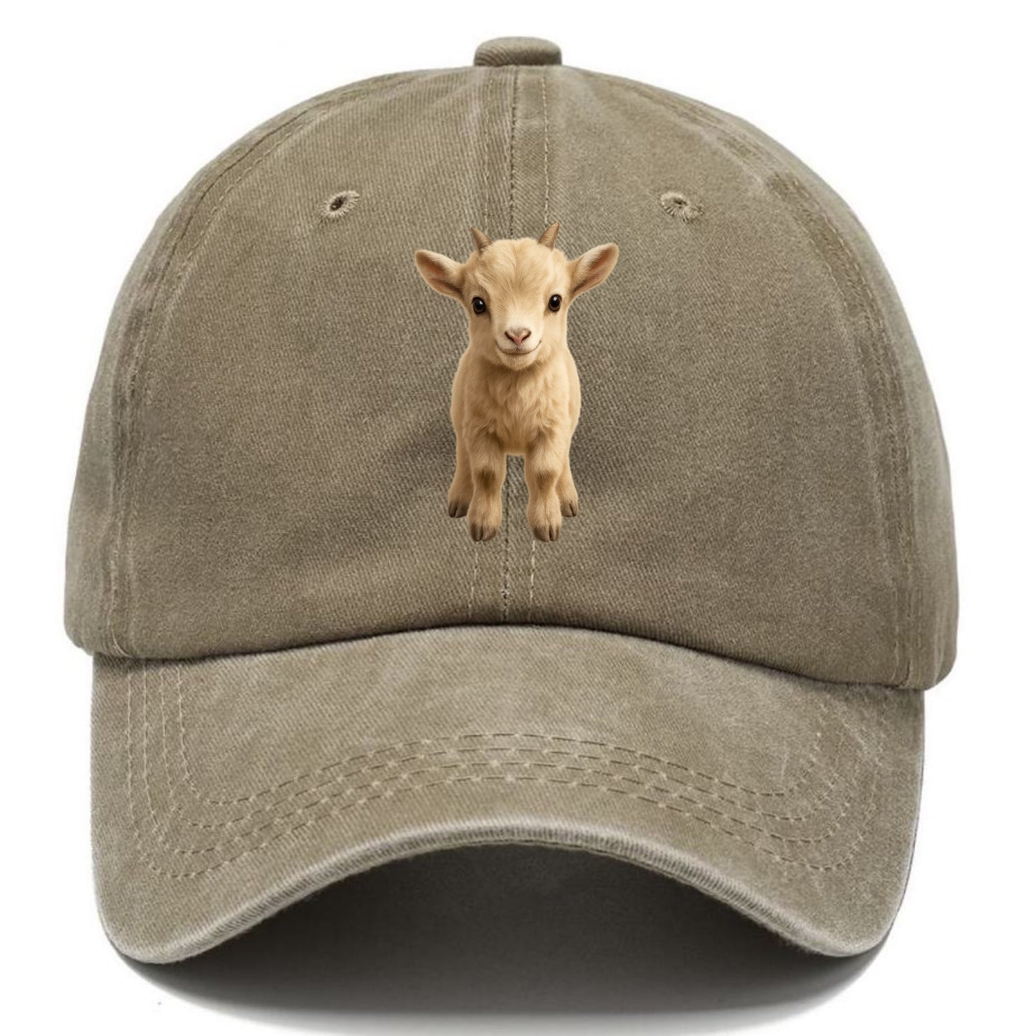 Baby Goat Kid - small horns, rectangular pupils, fluffy, playful eyes, front-facing, - Classic Cap - Warm Sand(Khaki)