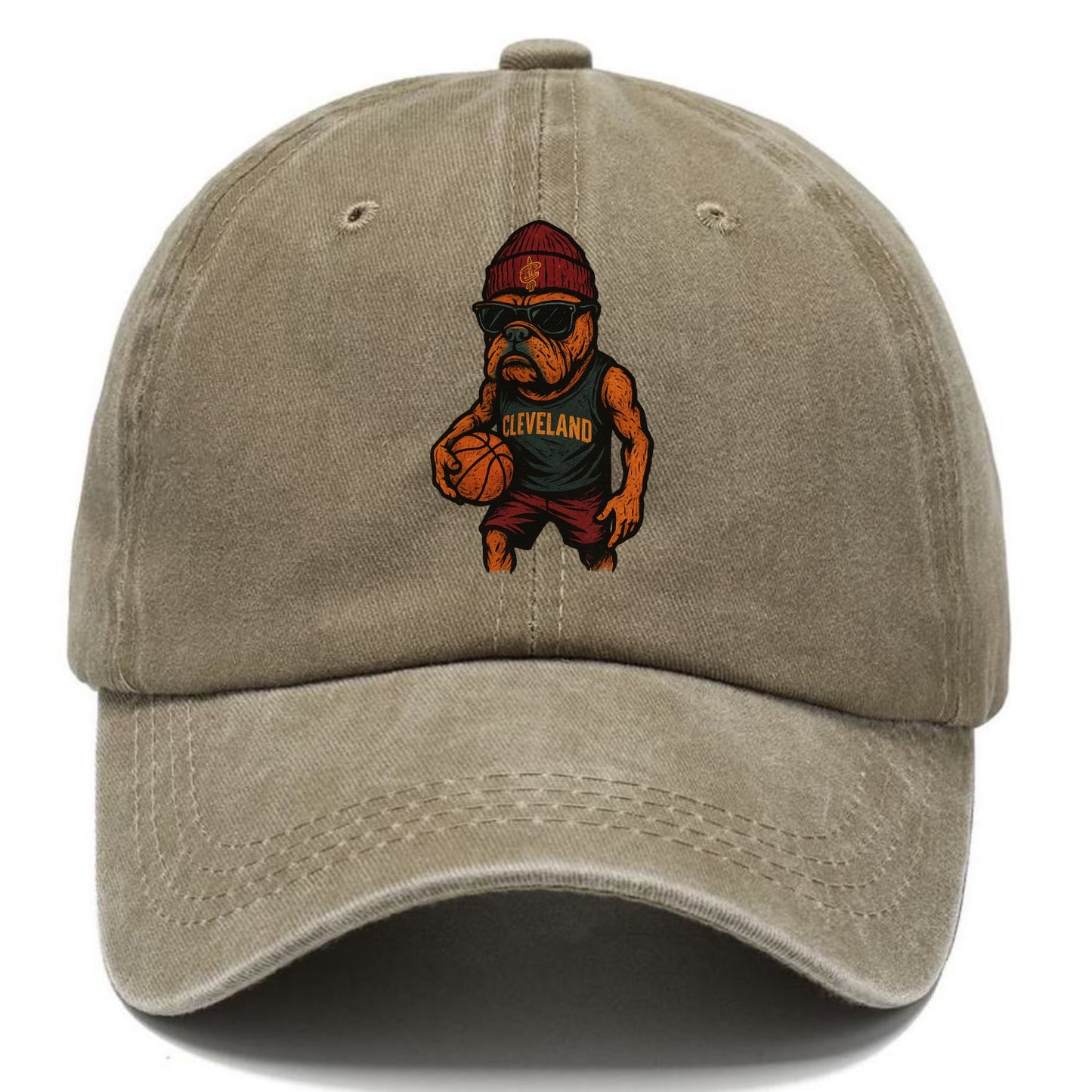 Cleveland Bulldog wearing Cavaliers wine and gold beanie with sword patch and - Classic Cap - Warm Sand(Khaki)