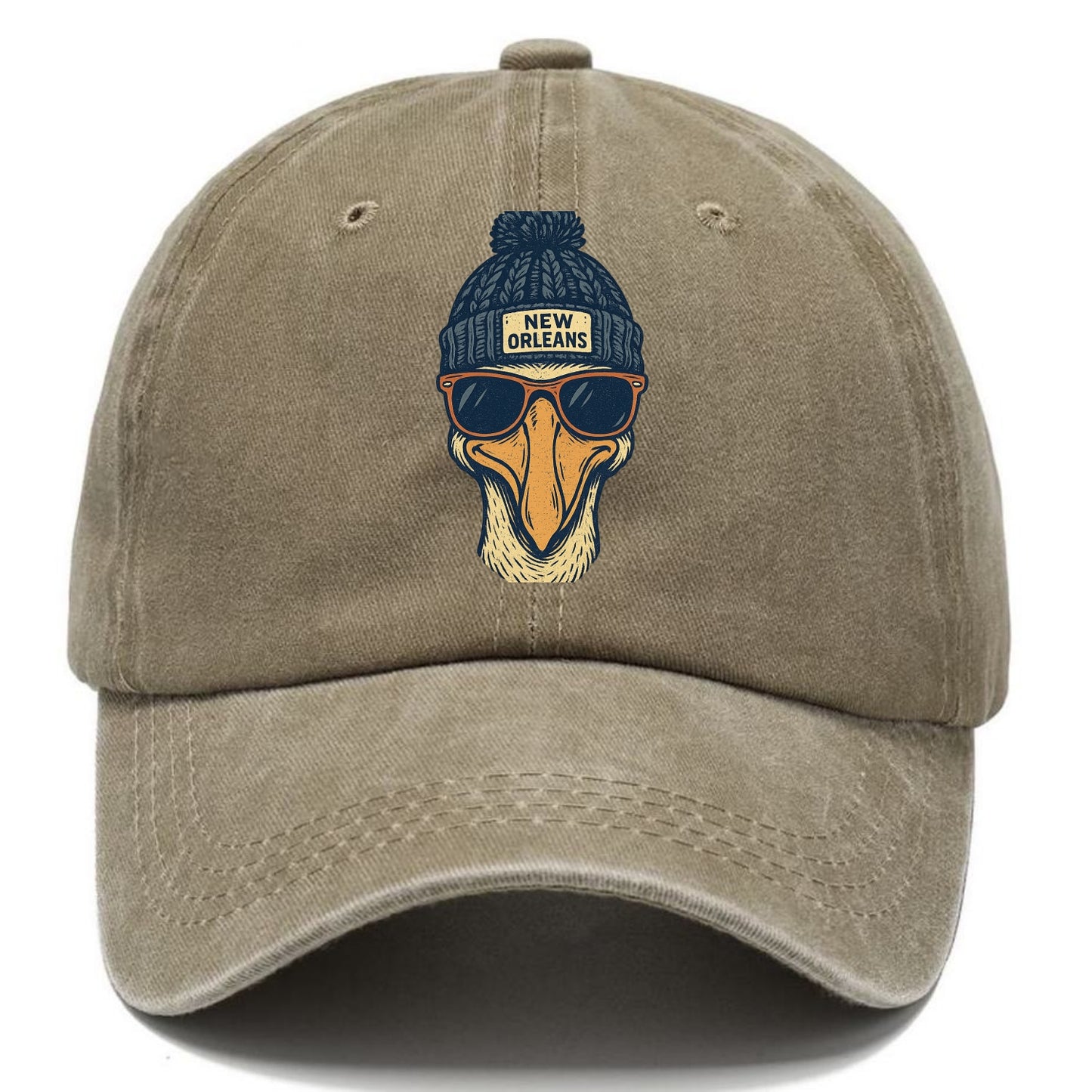 New Orleans Pelican wearing New Orleans beanie with pom pom and wayfarer sunglasses - Classic Cap - Warm Sand(Khaki)