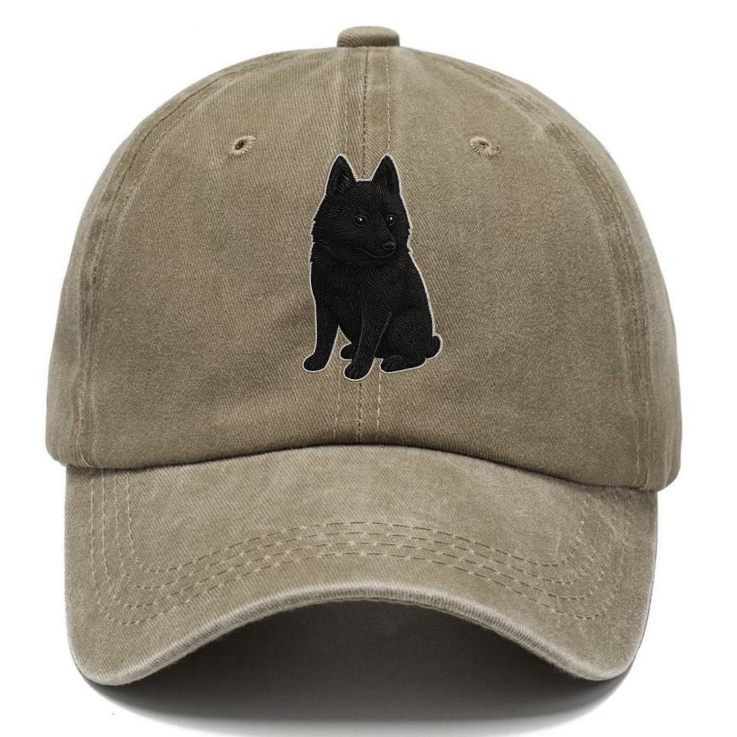 Schipperke - Solid black small embroidered sitting pose - Classic Cap - Warm Sand(Khaki)