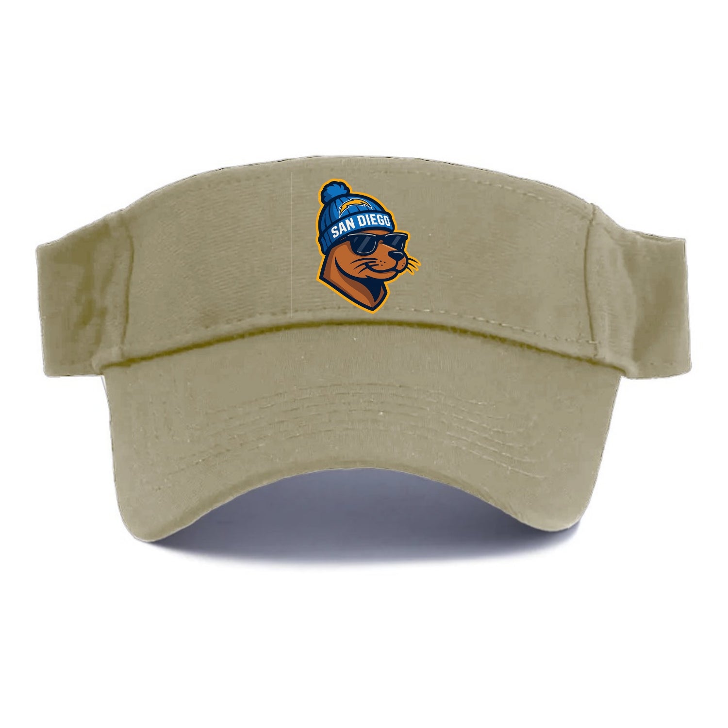 San Diego Sea Lion wearing Chargers beanie with bolt patch and wayfarer sunglasses - Visor - Warm Sand(Khaki)