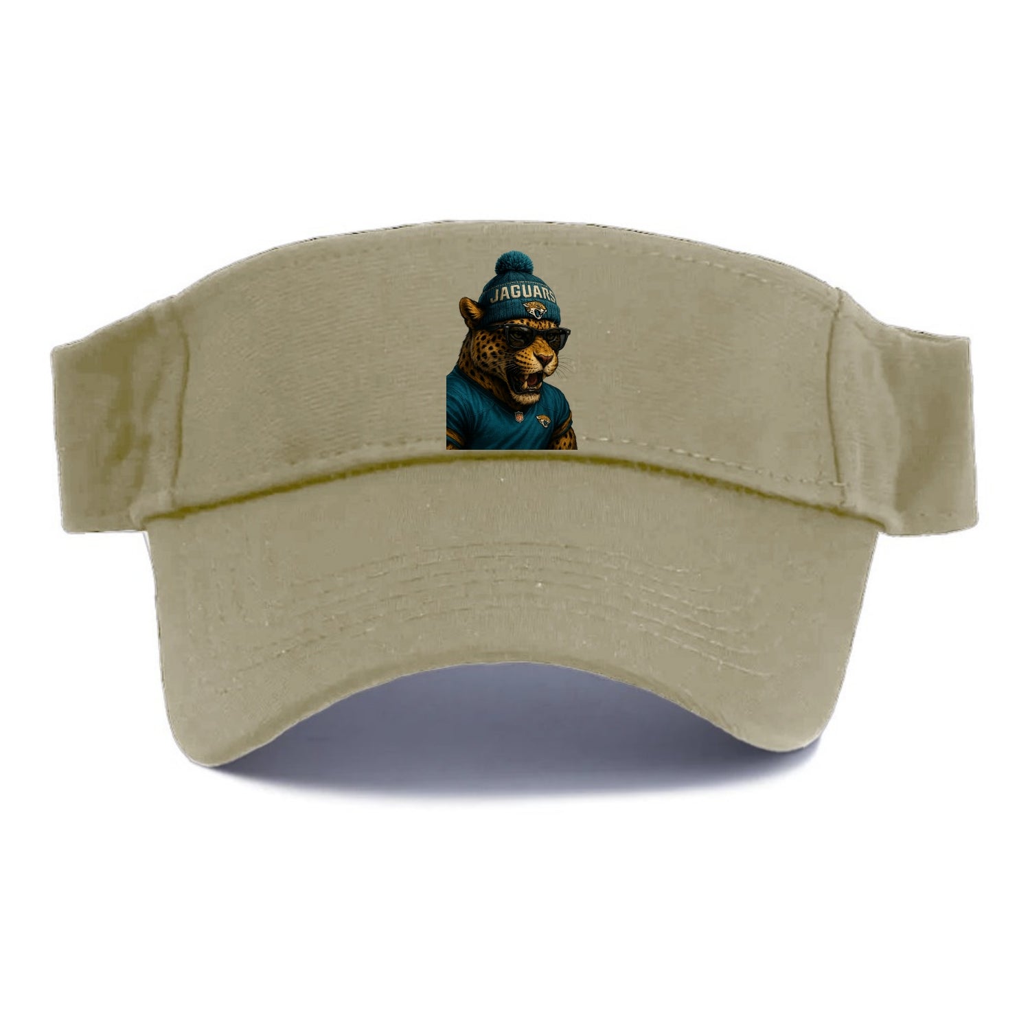 Jacksonville Jaguar wearing Jaguars teal and gold beanie with pom pom and wayfarer - Visor - Warm Sand(Khaki)