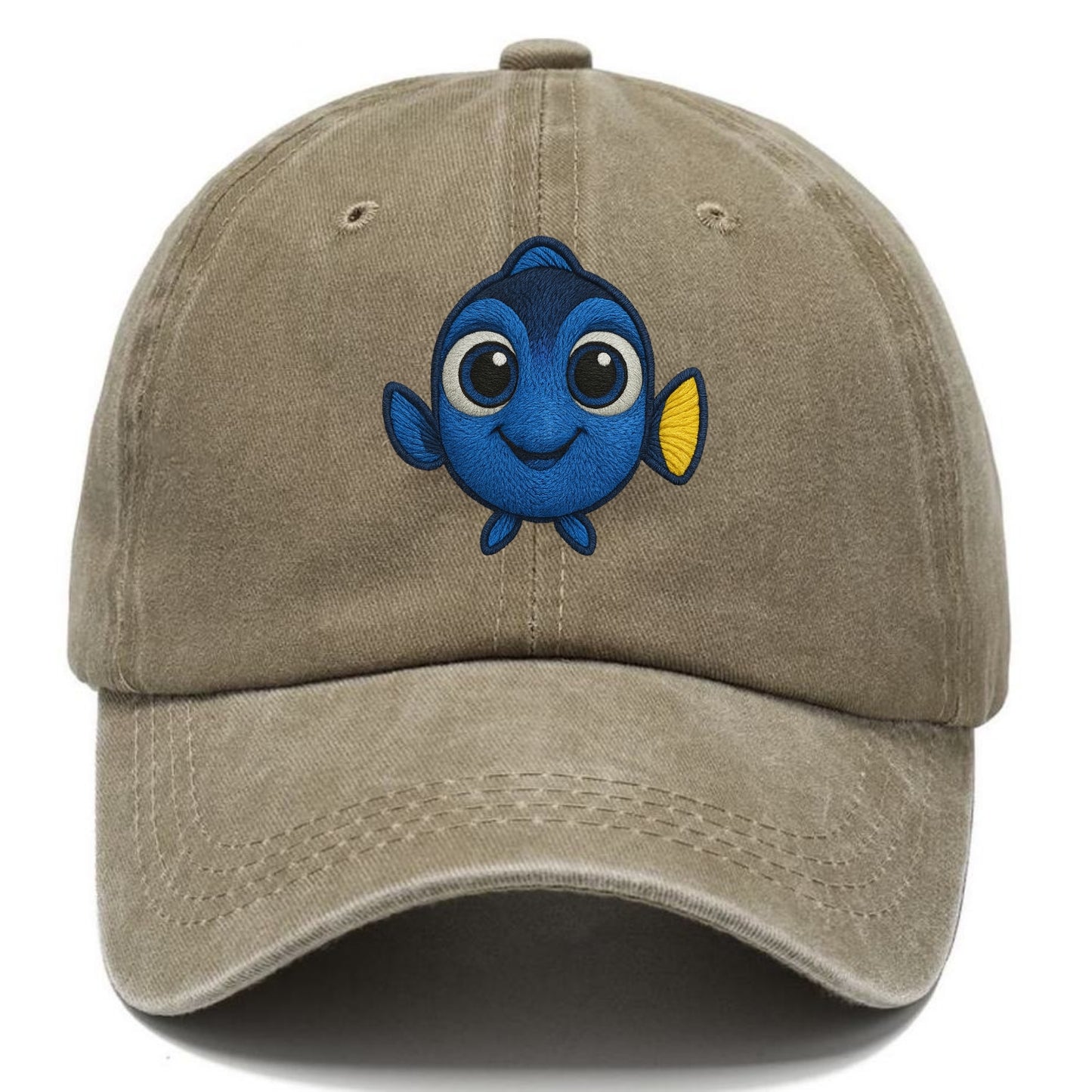Baby Blue Tang - bright blue with yellow tail, big eyes, front-facing, Dory-style - Classic Cap - Warm Sand(Khaki)