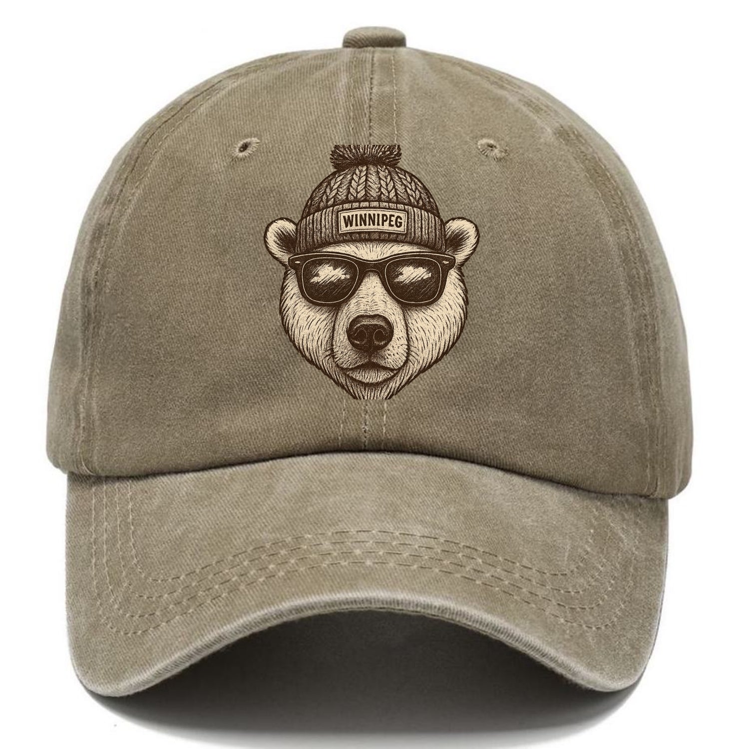 Winnipeg Polar Bear wearing Winnipeg beanie with pom pom and wayfarer sunglasses - Classic Cap - Warm Sand(Khaki)