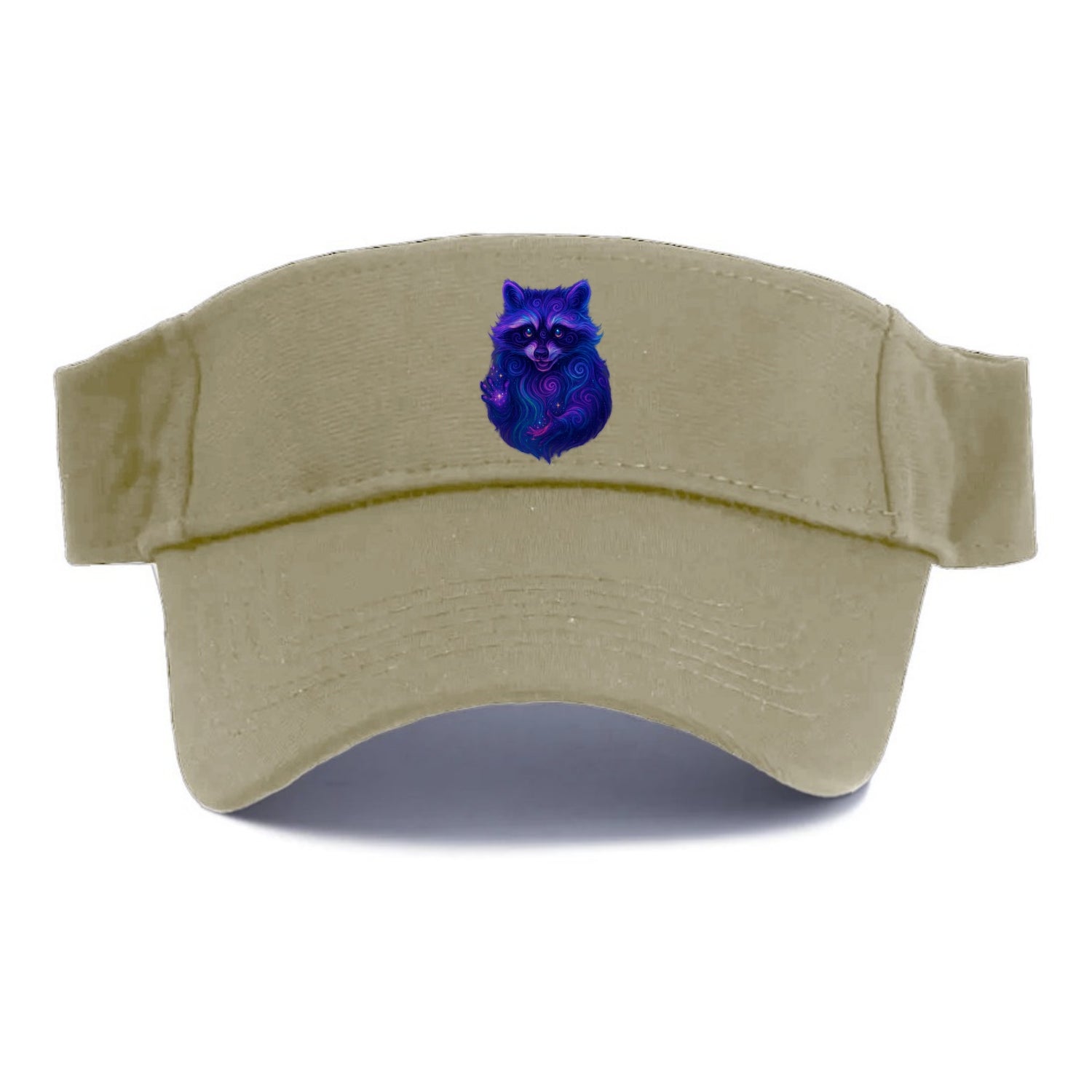 Playful raccoon with mask swirling in hypnotic patterns, neon purple and green fur with - Visor - Warm Sand(Khaki)