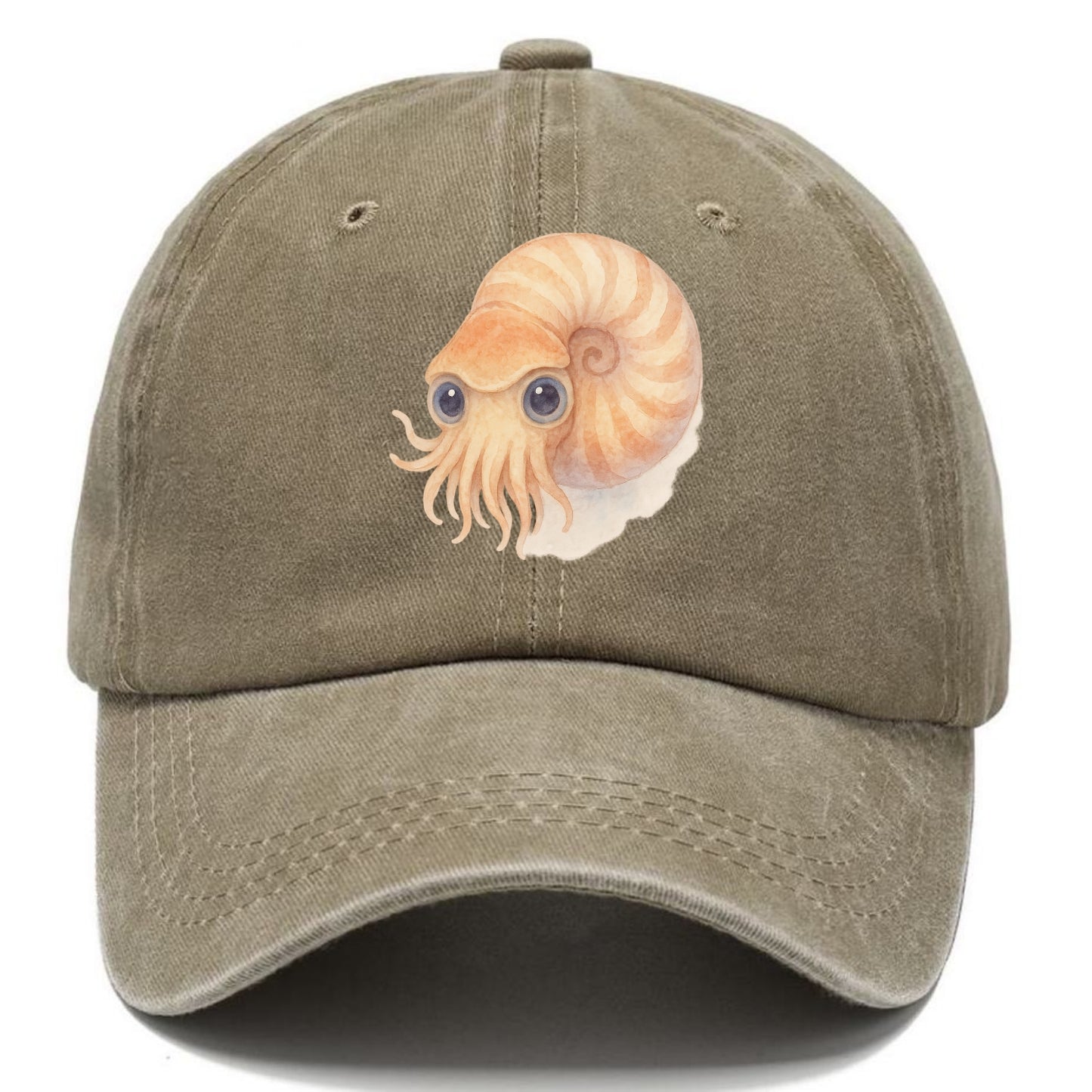 Baby Nautilus - spiral shell, tentacles peeking, ancient eyes, front-facing, living - Classic Cap - Warm Sand(Khaki)