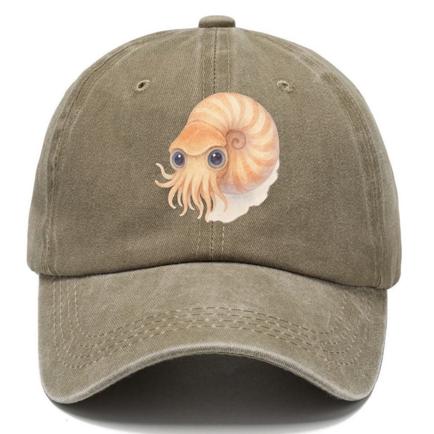 Baby Nautilus - spiral shell, tentacles peeking, ancient eyes, front-facing, living - Classic Cap - Warm Sand(Khaki)