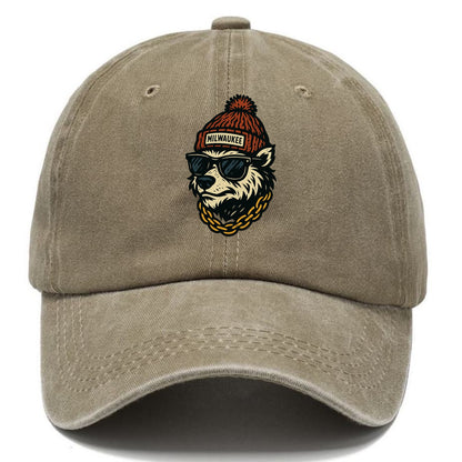 Milwaukee Badger wearing Milwaukee beanie with pom pom and wayfarer sunglasses - Classic Cap - Warm Sand(Khaki)