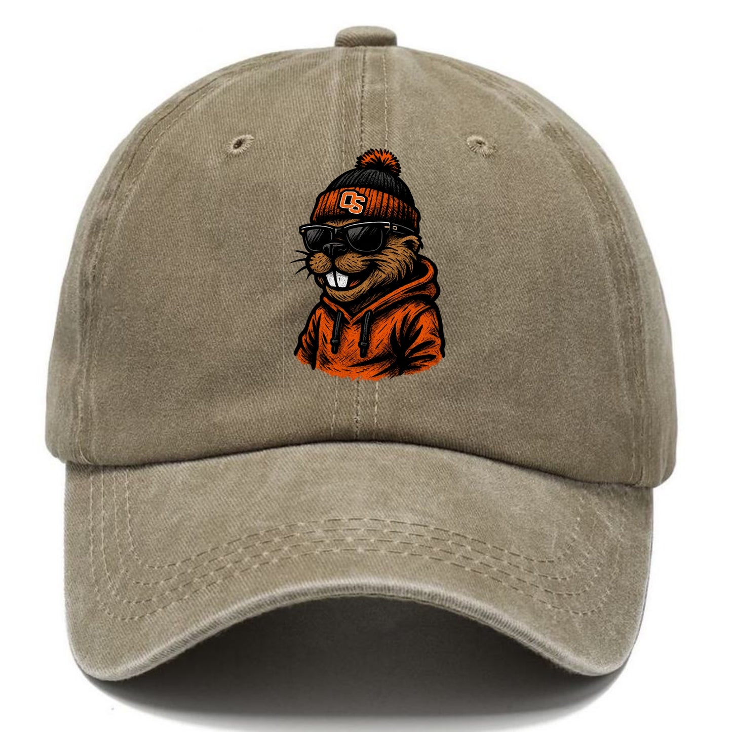 Corvallis Beaver wearing Oregon State beanie with OS patch - Classic Cap - Warm Sand(Khaki)