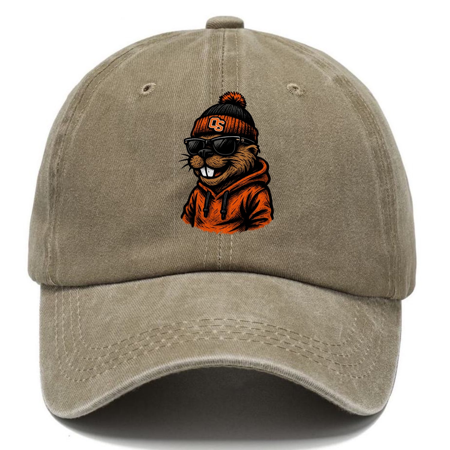 Corvallis Beaver wearing Oregon State beanie with OS patch - Classic Cap - Warm Sand(Khaki)