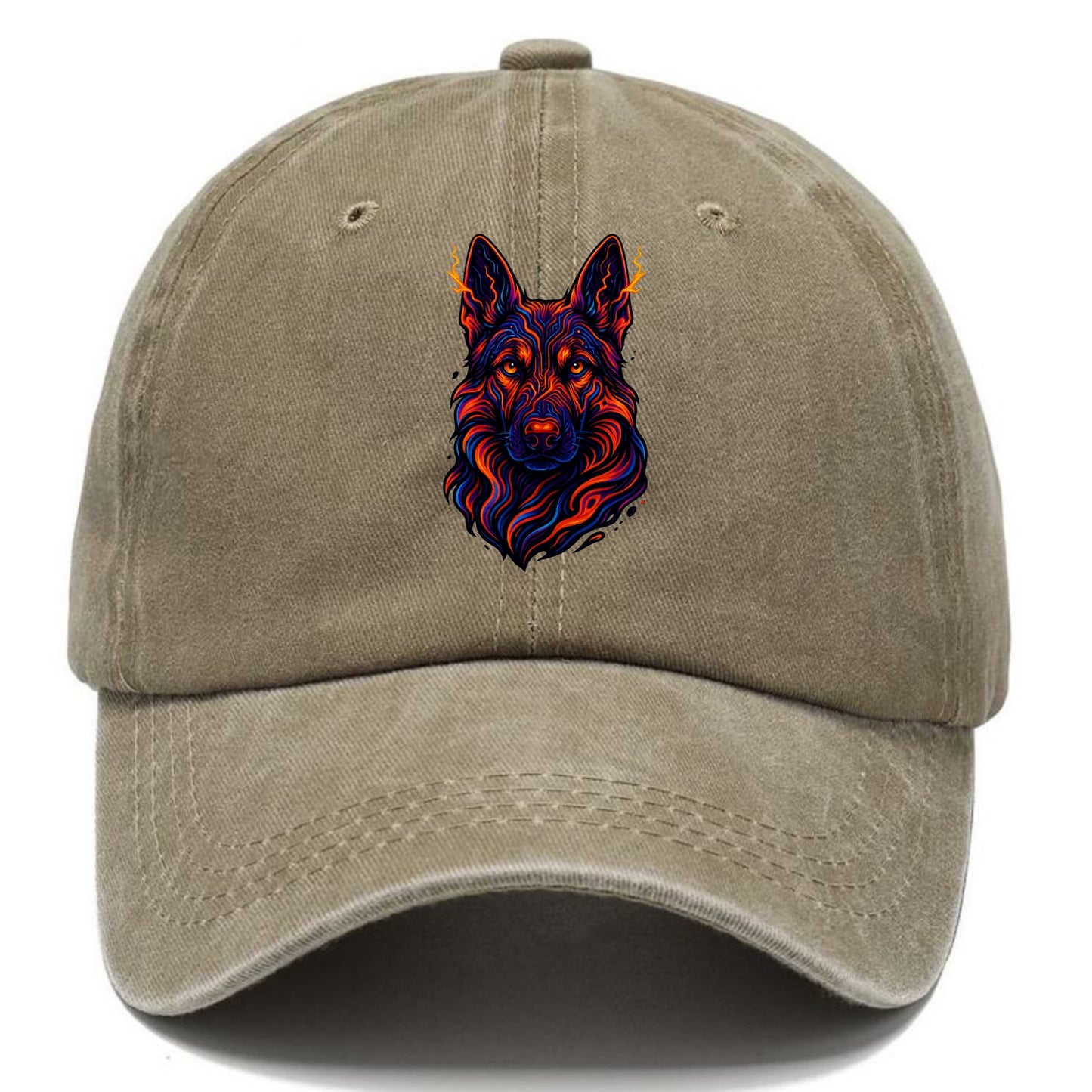 Alert German Shepherd with cyber circuit patterns in the fur, neon orange and black - Classic Cap - Warm Sand(Khaki)