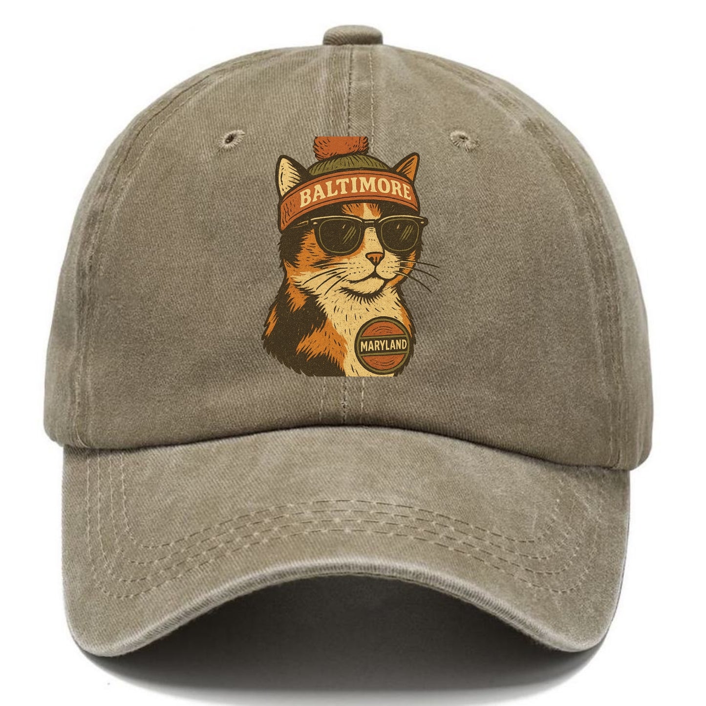 Maryland Calico Cat wearing Baltimore beanie with pom pom and wayfarer sunglasses - Classic Cap - Warm Sand(Khaki)
