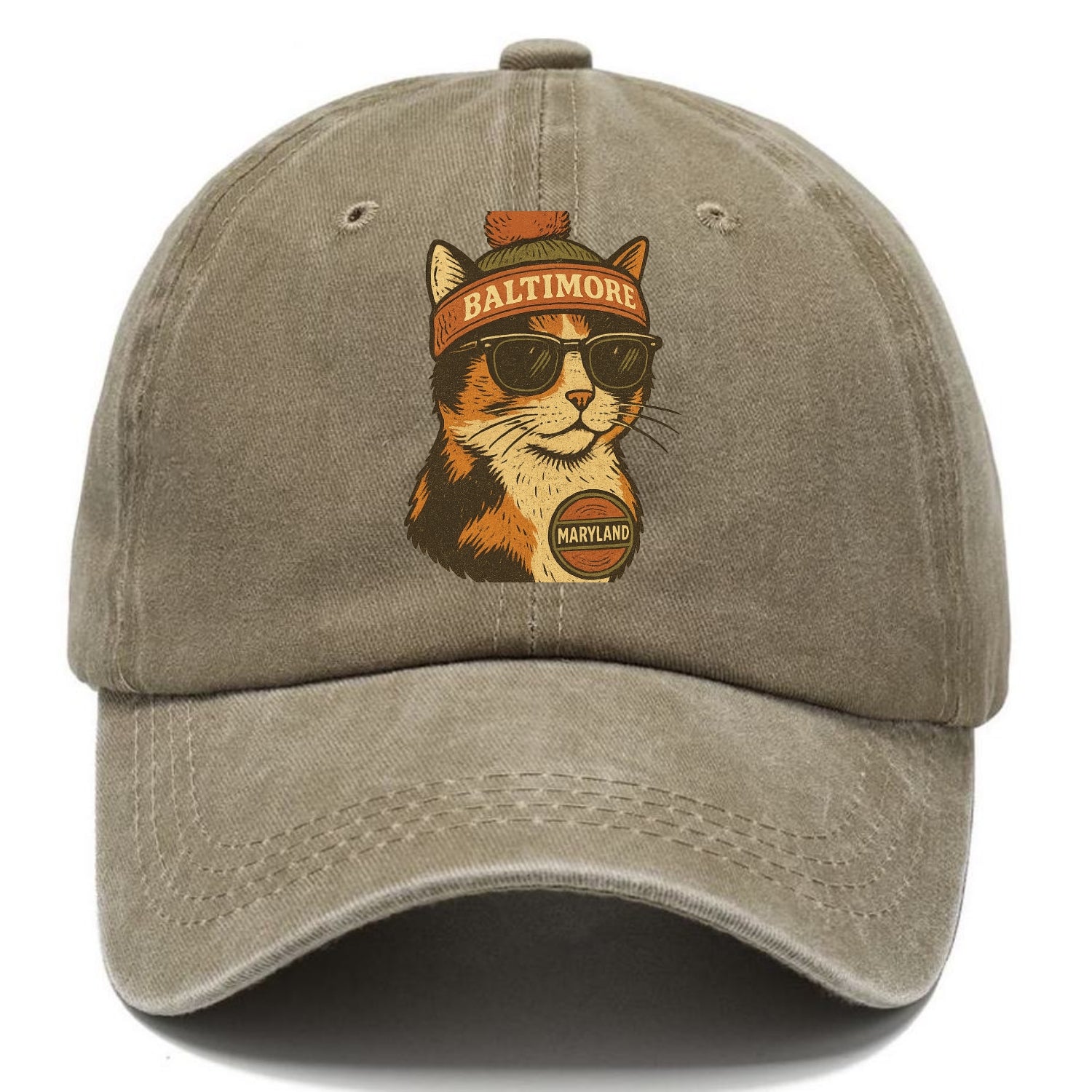 Maryland Calico Cat wearing Baltimore beanie with pom pom and wayfarer sunglasses - Classic Cap - Warm Sand(Khaki)