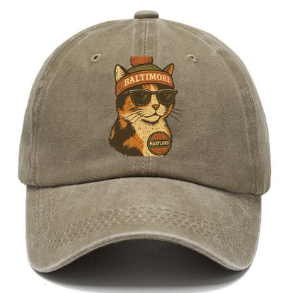 Maryland Calico Cat wearing Baltimore beanie with pom pom and wayfarer sunglasses - Classic Cap - Warm Sand(Khaki)