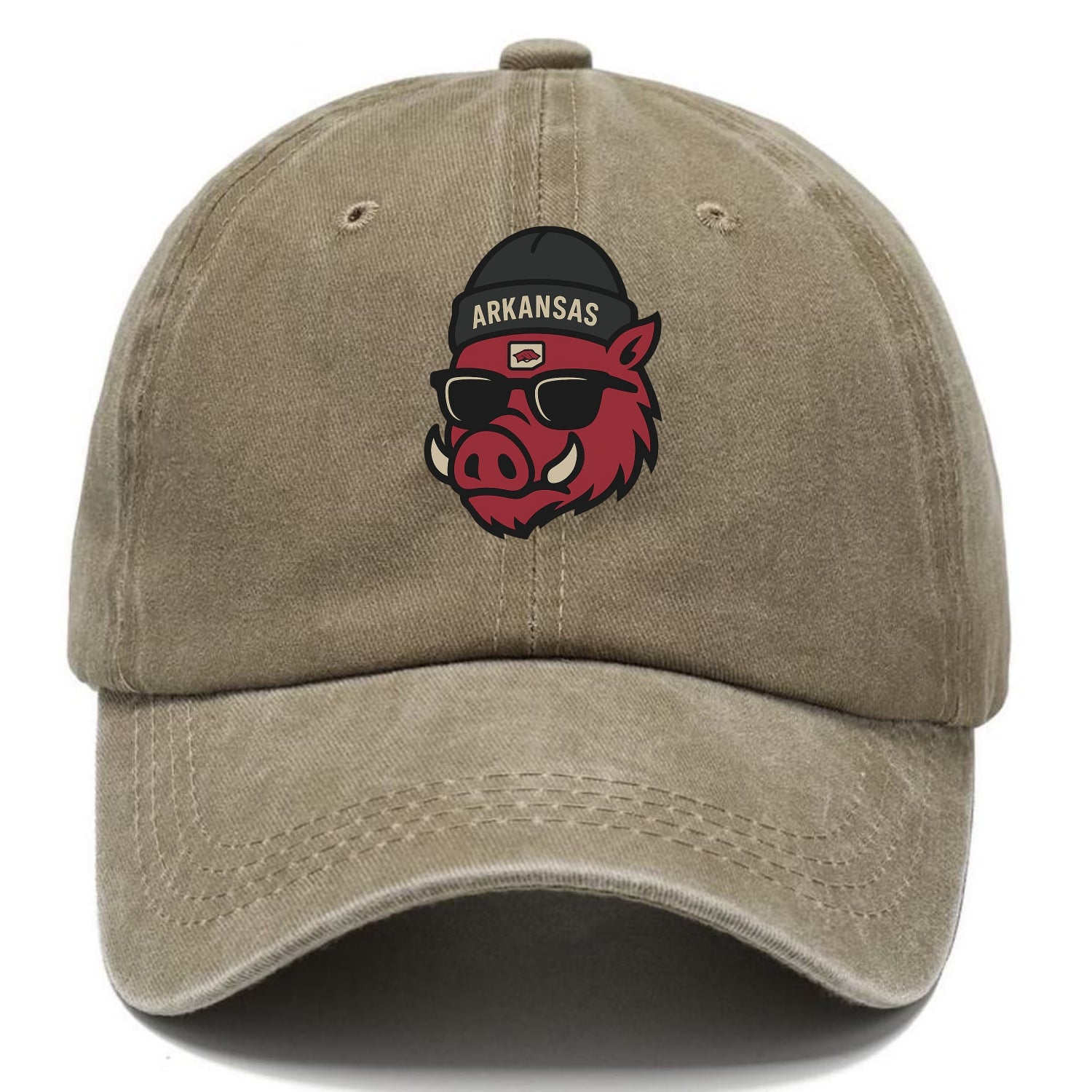 Fayetteville Razorback wearing Arkansas beanie with hog patch - Classic Cap - Warm Sand(Khaki)