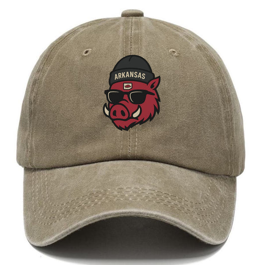 Fayetteville Razorback wearing Arkansas beanie with hog patch - Classic Cap - Warm Sand(Khaki)