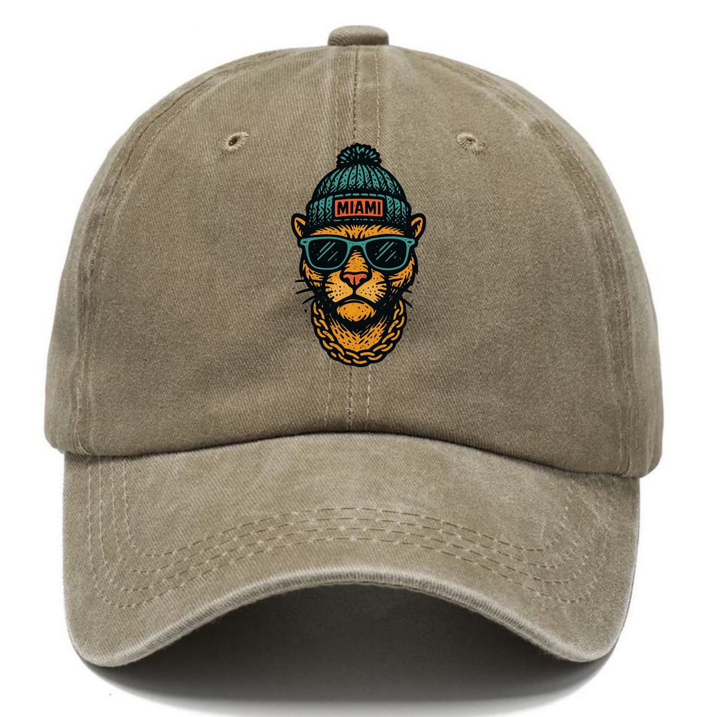 Florida Panther wearing Miami beanie with pom pom and wayfarer sunglasses - Classic Cap - Warm Sand(Khaki)