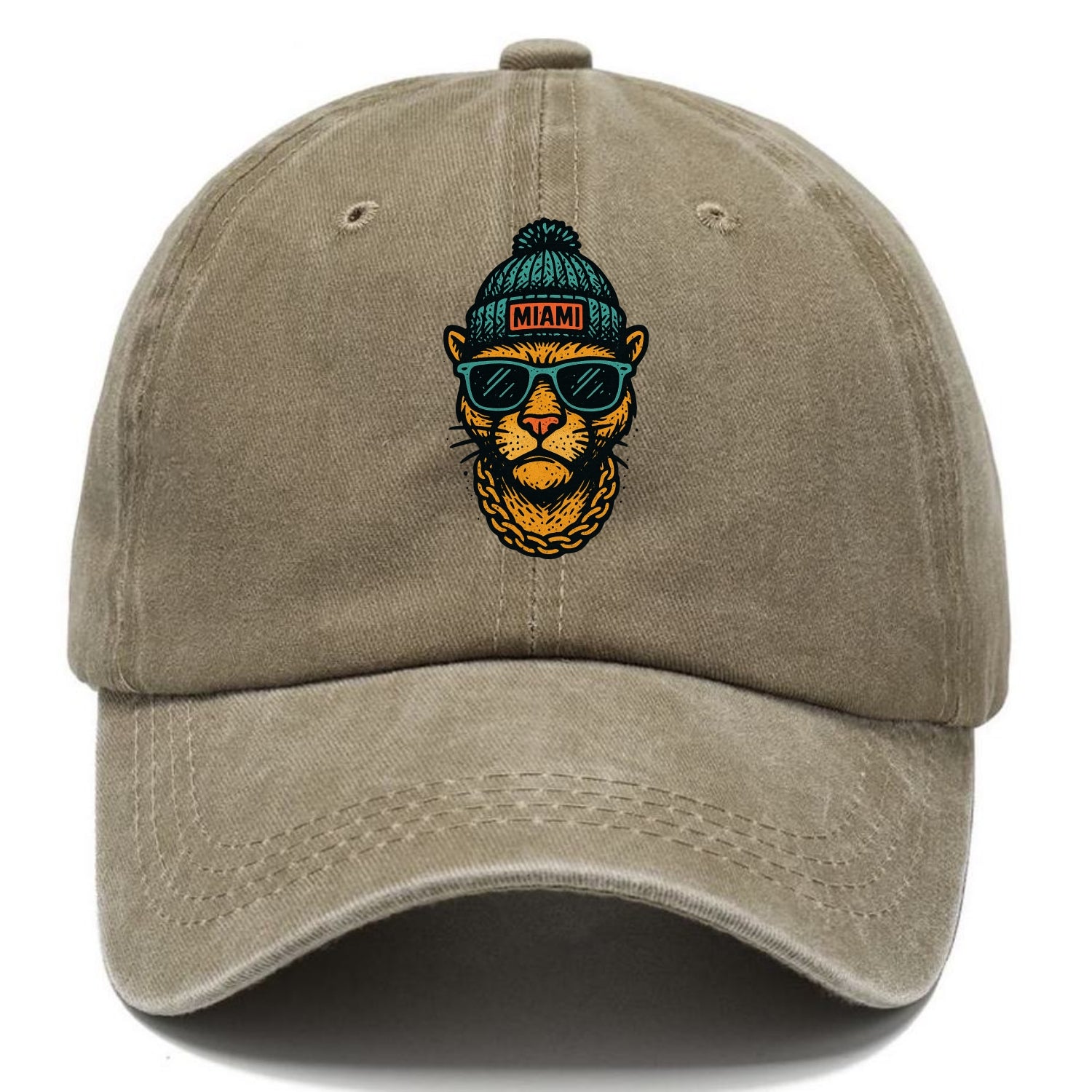 Florida Panther wearing Miami beanie with pom pom and wayfarer sunglasses - Classic Cap - Warm Sand(Khaki)
