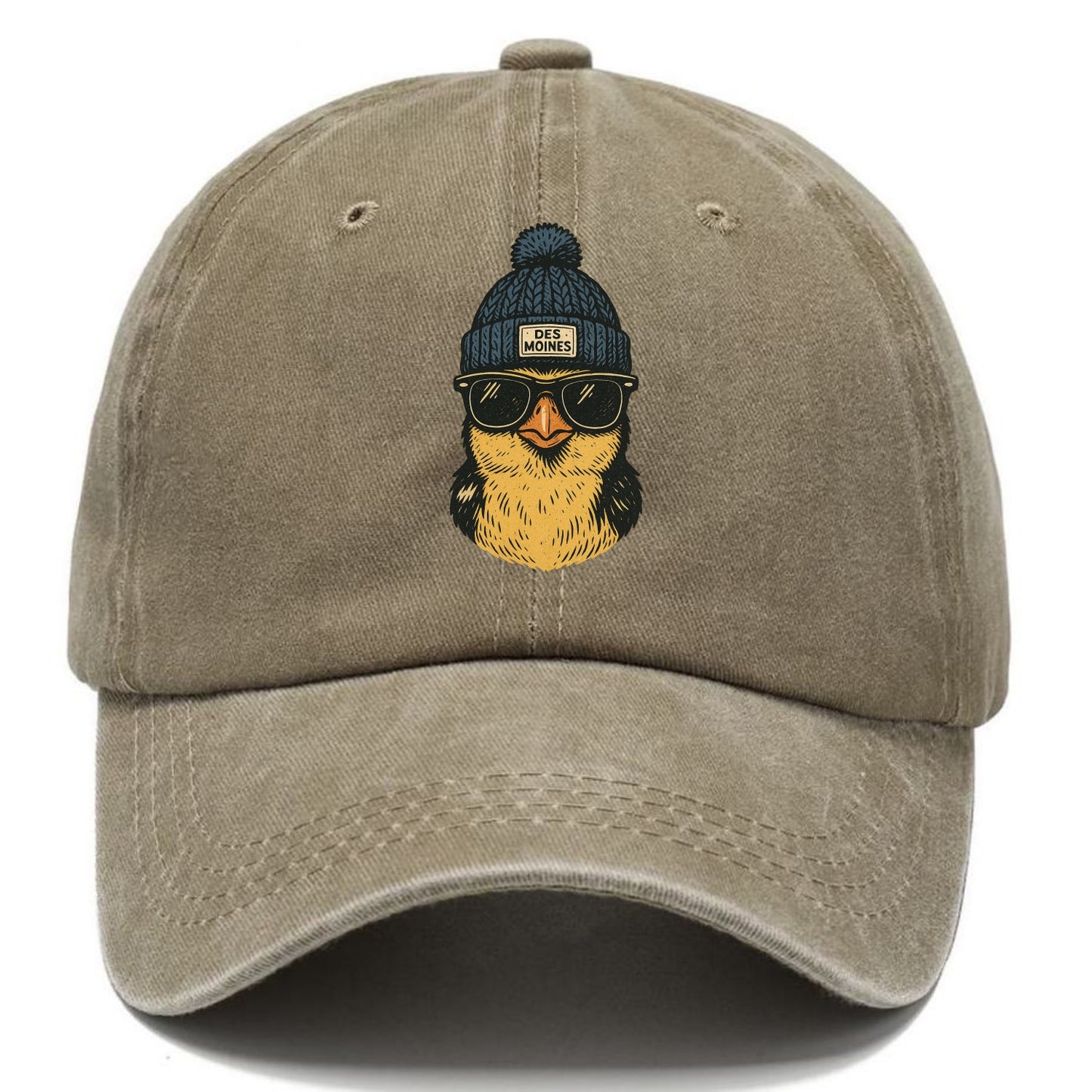 Iowa Goldfinch wearing Des Moines beanie with pom pom and wayfarer sunglasses - Classic Cap - Warm Sand(Khaki)