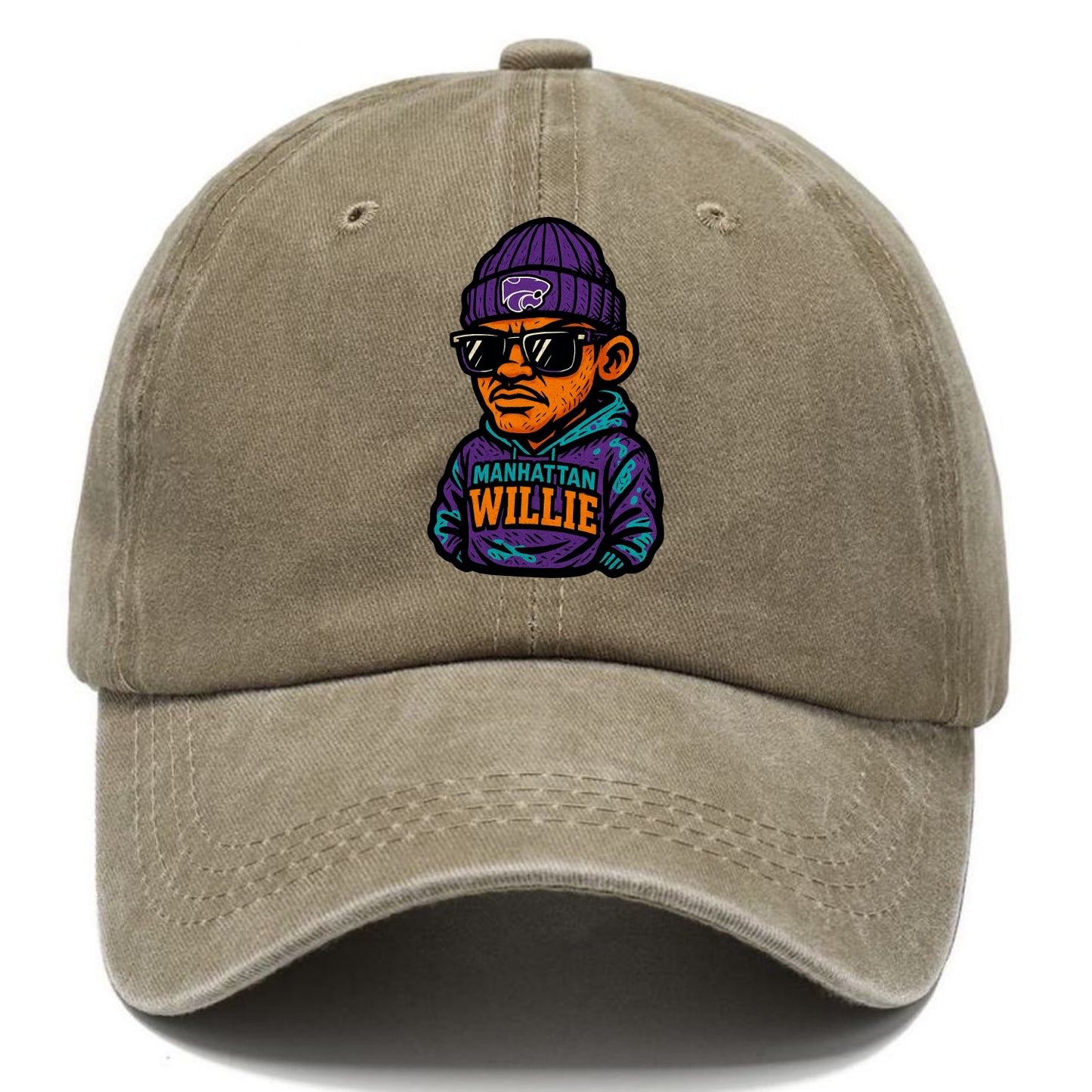 Manhattan Willie wearing Kansas State beanie with powercat patch - Classic Cap - Warm Sand(Khaki)