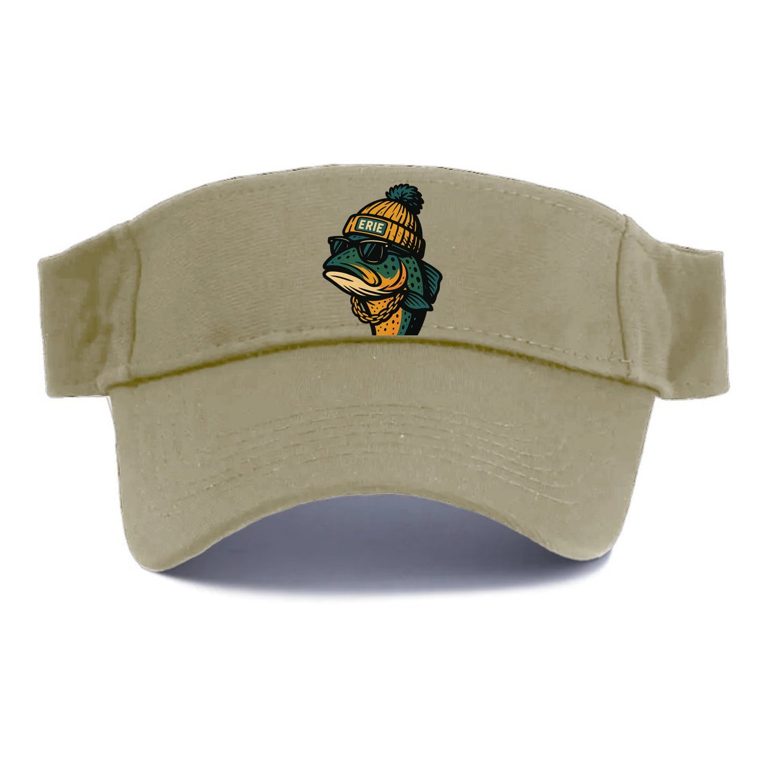 Erie Lake Trout wearing Erie beanie with pom pom and wayfarer sunglasses - Visor - Warm Sand(Khaki)