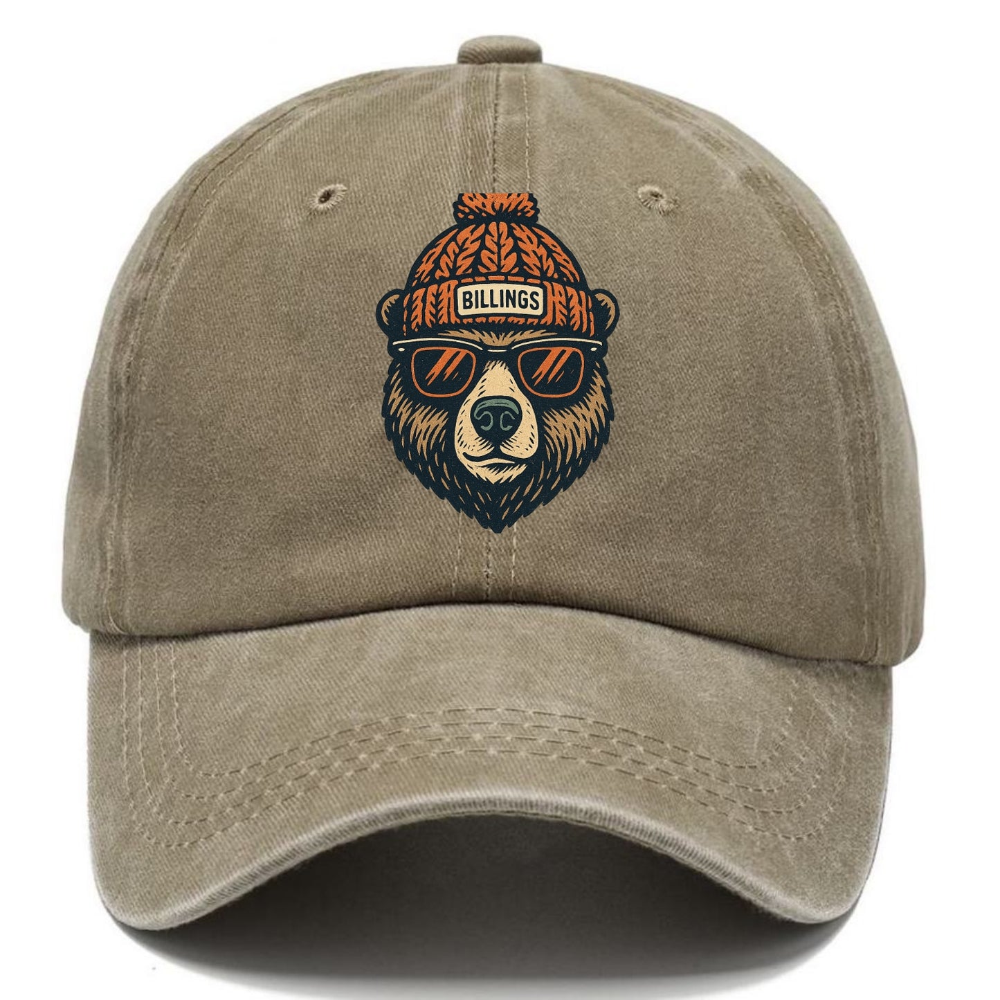 Montana Grizzly Bear wearing Billings beanie with pom pom and wayfarer sunglasses - Classic Cap - Warm Sand(Khaki)