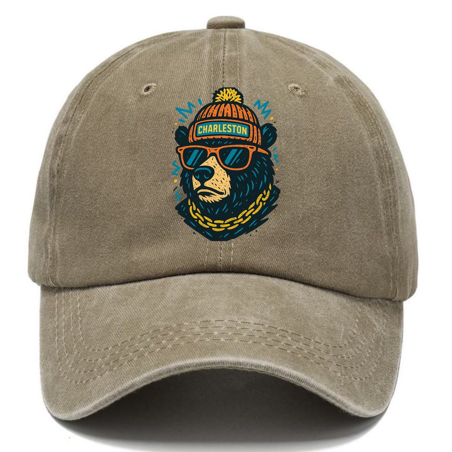 West Virginia Black Bear wearing Charleston beanie with pom pom and wayfarer - Classic Cap - Warm Sand(Khaki)