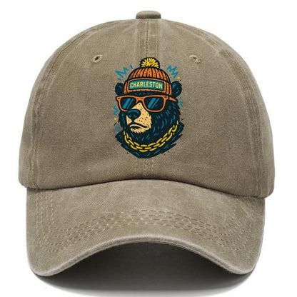 West Virginia Black Bear wearing Charleston beanie with pom pom and wayfarer - Classic Cap - Warm Sand(Khaki)