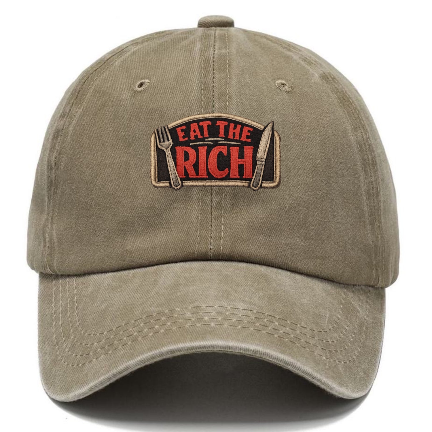 EAT THE RICH - fork and knife with text in red and silver , class war - Classic Cap - Warm Sand(Khaki)
