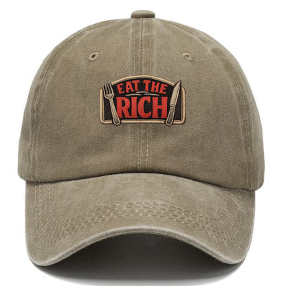 EAT THE RICH - fork and knife with text in red and silver , class war - Classic Cap - Warm Sand(Khaki)