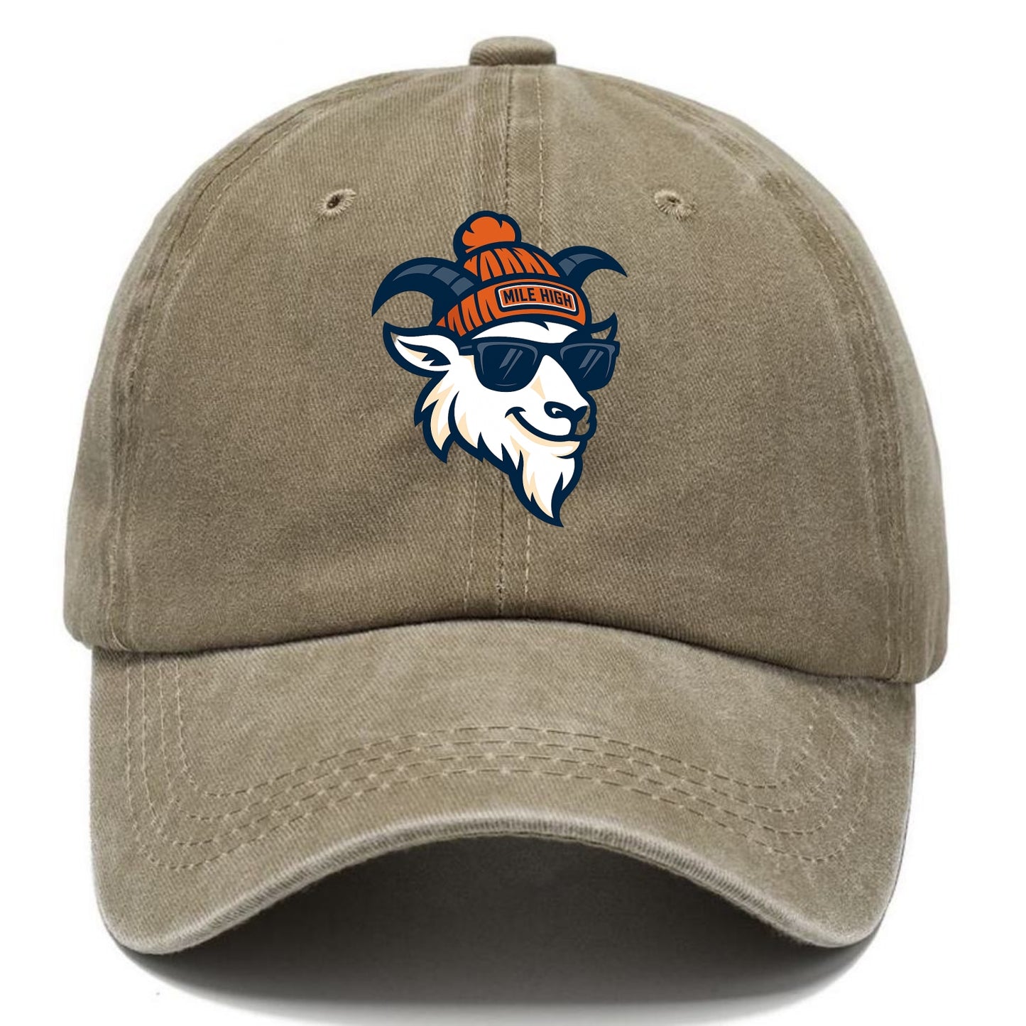 Denver Mountain Goat wearing Broncos beanie with Mile High patch and wayfarer - Classic Cap - Warm Sand(Khaki)