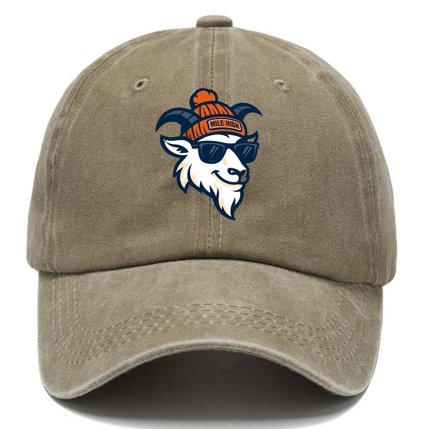 Denver Mountain Goat wearing Broncos beanie with Mile High patch and wayfarer - Classic Cap - Warm Sand(Khaki)