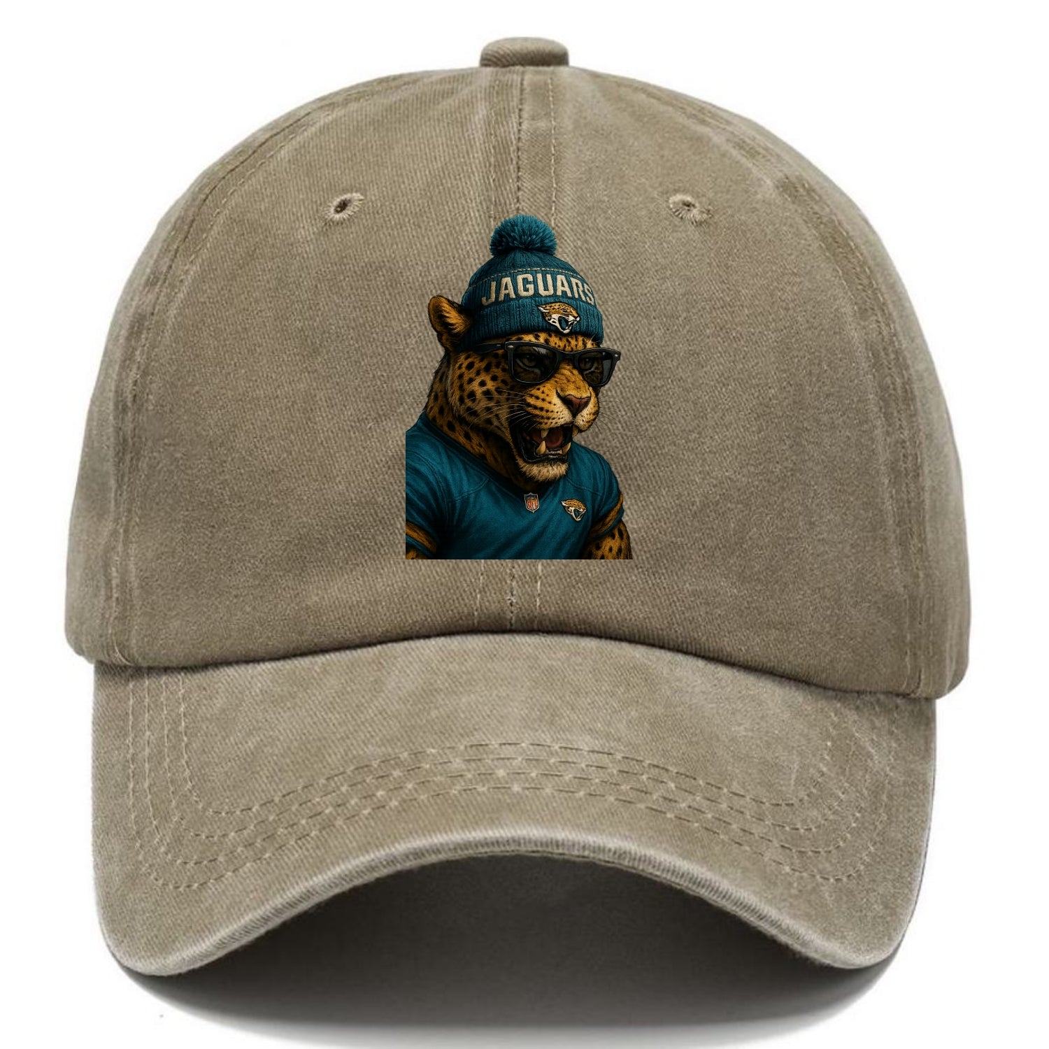 Jacksonville Jaguar wearing Jaguars teal and gold beanie with pom pom and wayfarer - Classic Cap - Warm Sand(Khaki)