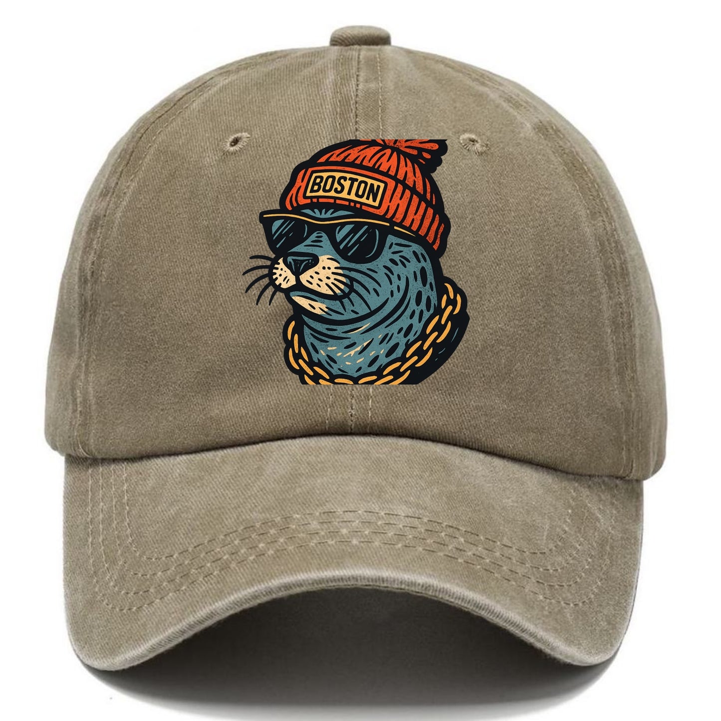 Boston Harbor Seal wearing Boston beanie with pom pom and wayfarer sunglasses - Classic Cap - Warm Sand(Khaki)