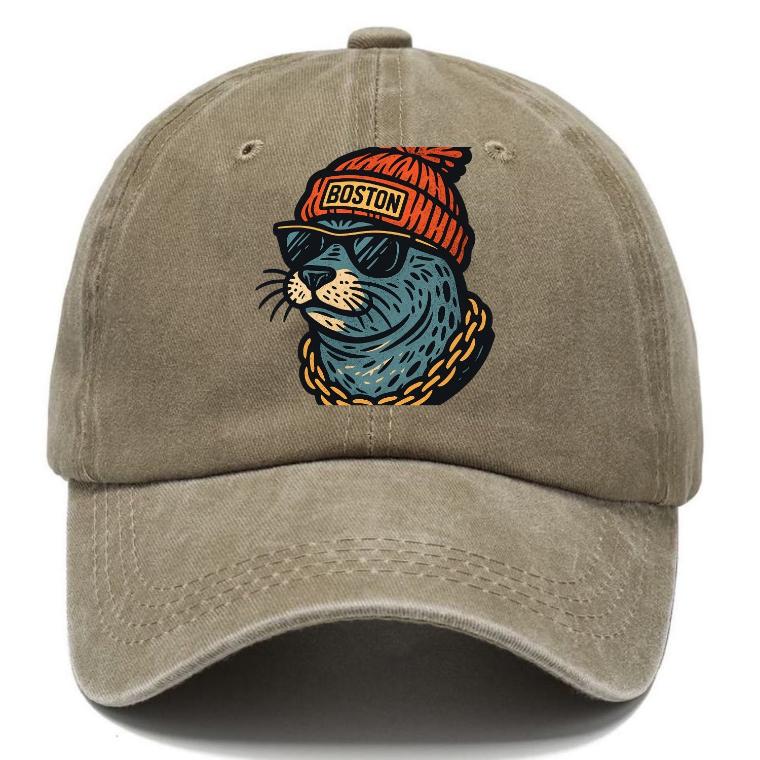 Boston Harbor Seal wearing Boston beanie with pom pom and wayfarer sunglasses - Classic Cap - Warm Sand(Khaki)