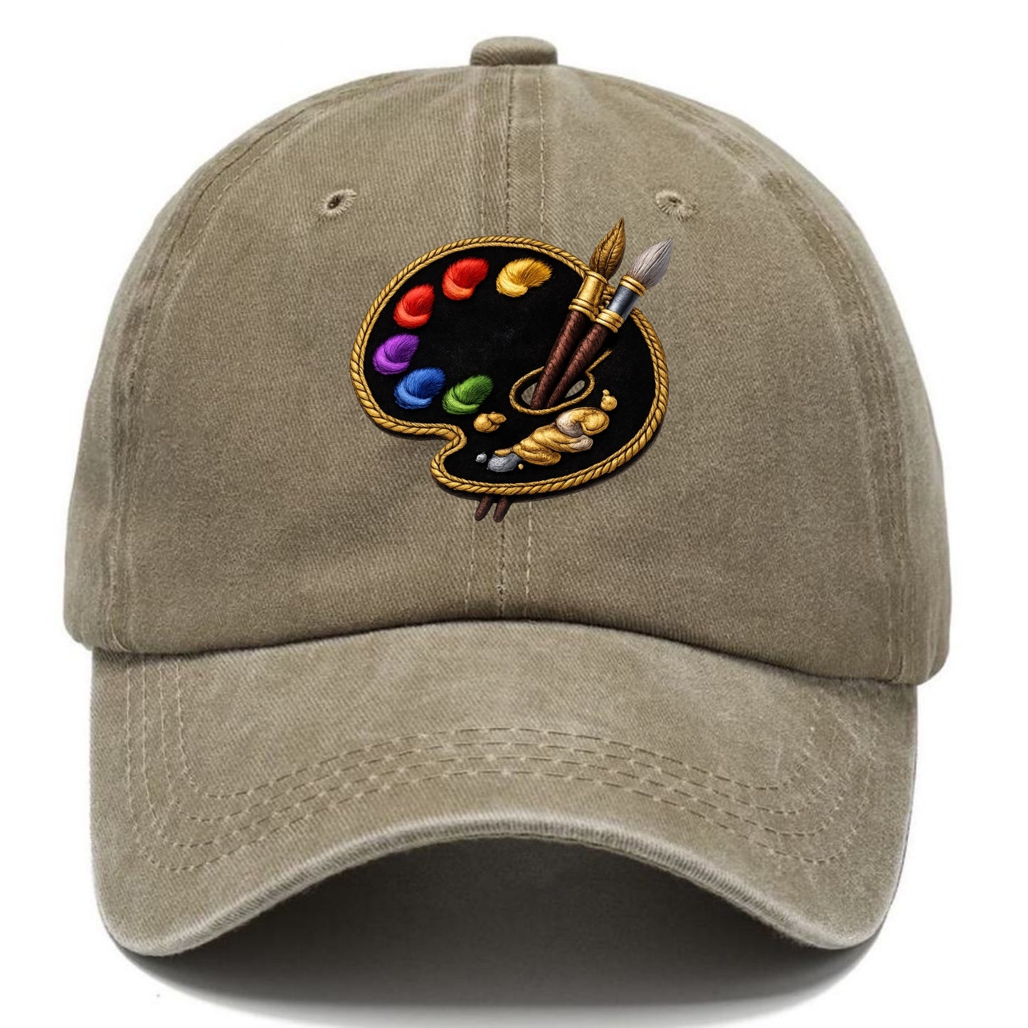 Embroidered patch design - PAINT PALETTE - artist palette with brushes in rainbow and - Classic Cap - Warm Sand(Khaki)