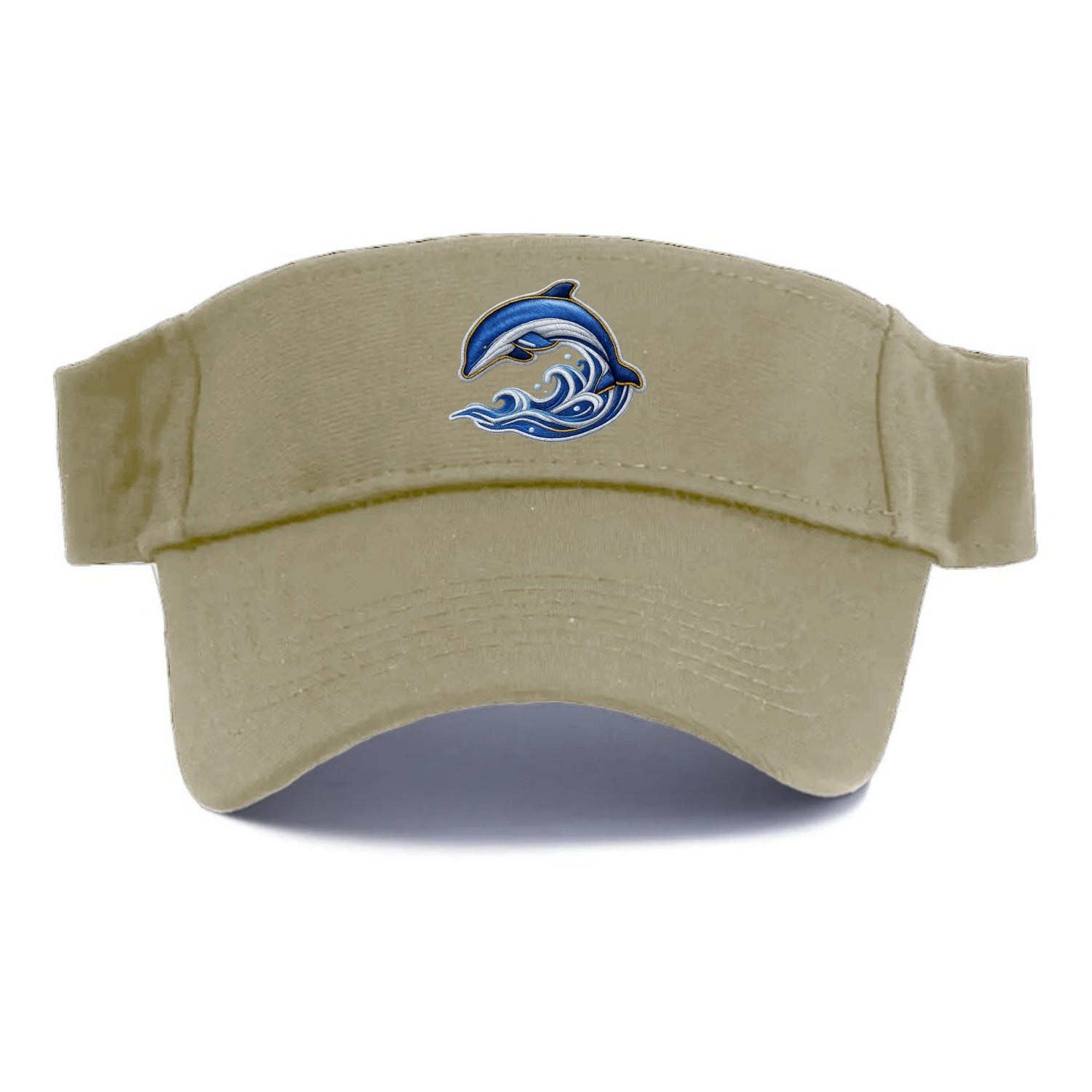 Embroidered patch design - SWIMMING DOLPHIN - diving dolphin with waves in blue and silver - Visor - Warm Sand(Khaki)
