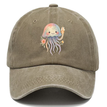 jellyfish with kawaii face and tentacles, one tentacle pointing up defiantly - Classic Cap - Warm Sand(Khaki)