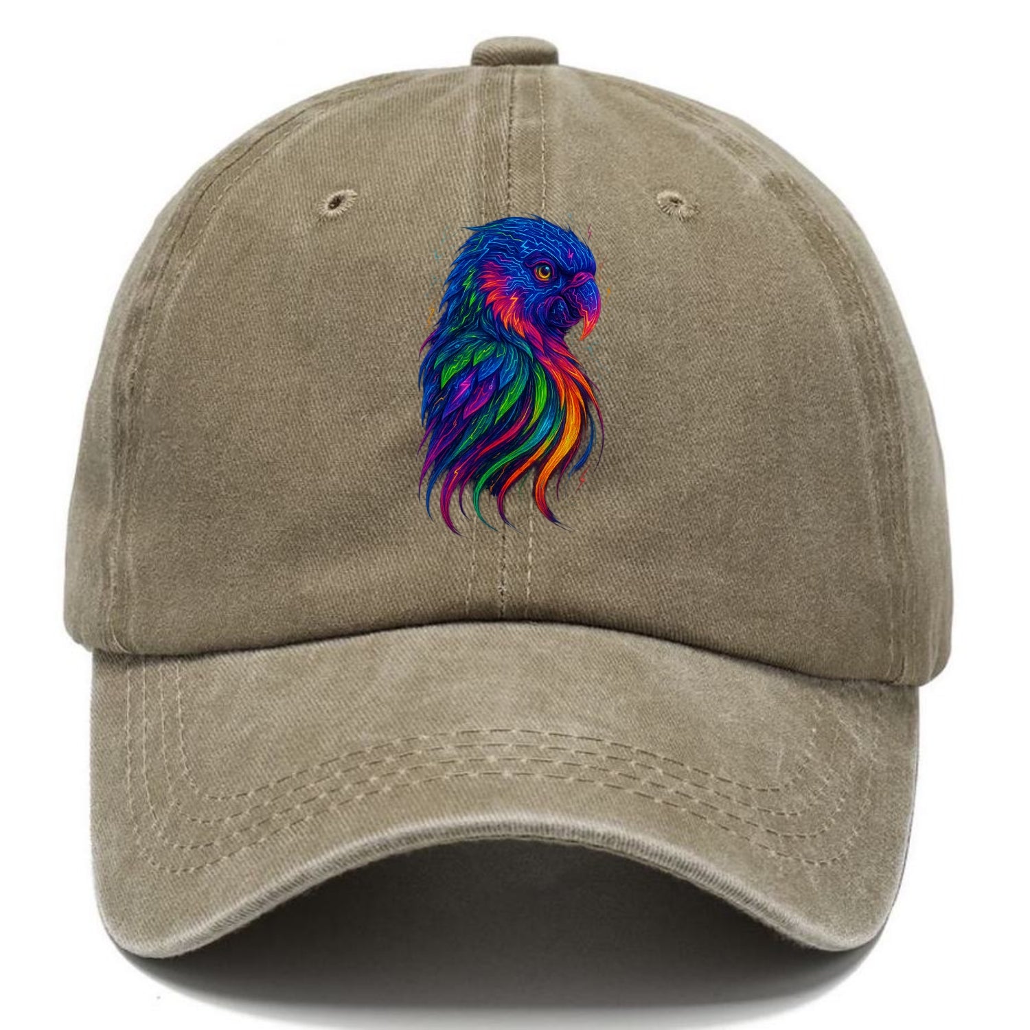 Vibrant parrot with feathers flowing into tropical rainbow streams, every color of - Classic Cap - Warm Sand(Khaki)