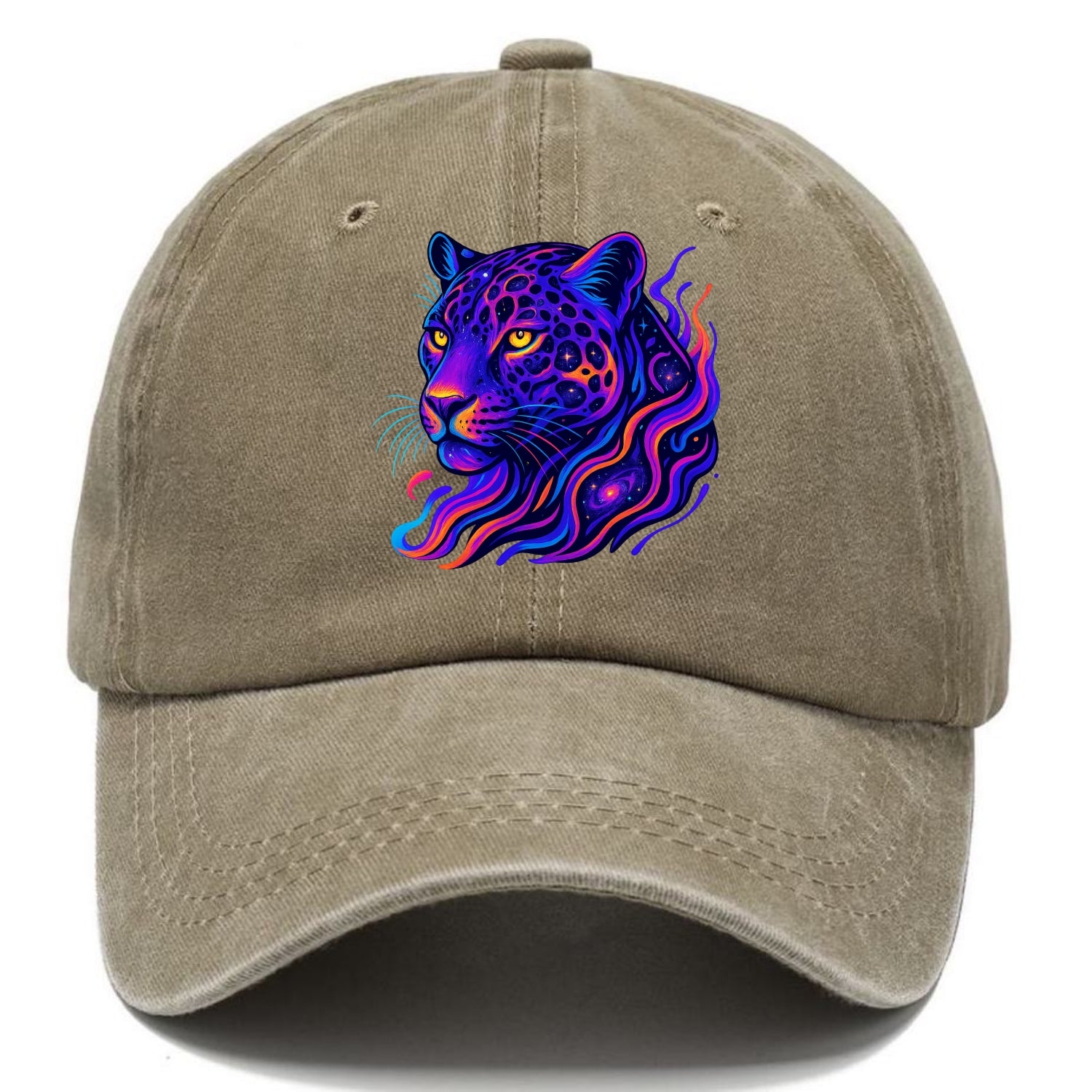 Powerful jaguar with rosettes containing miniature galaxies, cosmic purple and orange - Classic Cap - Warm Sand(Khaki)